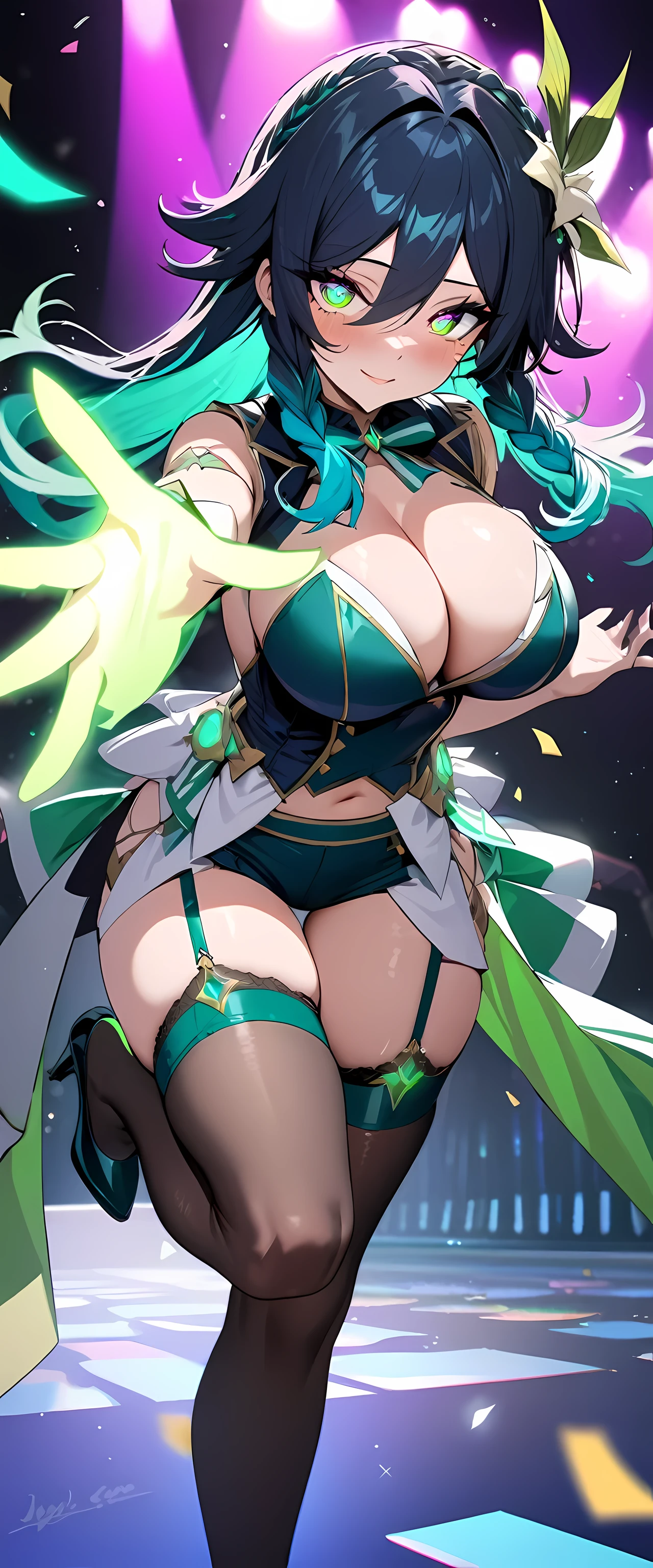 (masterpiece), best quality, expressive eyes, perfect face,1girl,venti_(genshin impact),((green and yellow and white idol costume:1.3)),huge breasts,thigh gap,concert stage,confetti in the air,garter belt,high heels,(((multicolored hair:1.2,(green:1.1),(dark blue:1.15)),braided hair,cleavage,looking at viewer,light smile, eyeshadows, eye liner,glistening eyes, hyper detailed eyes, intricate eyes, beautiful eye, ((glowing green pupils))、standing,outstretched hand,standing on one leg,seductive pose