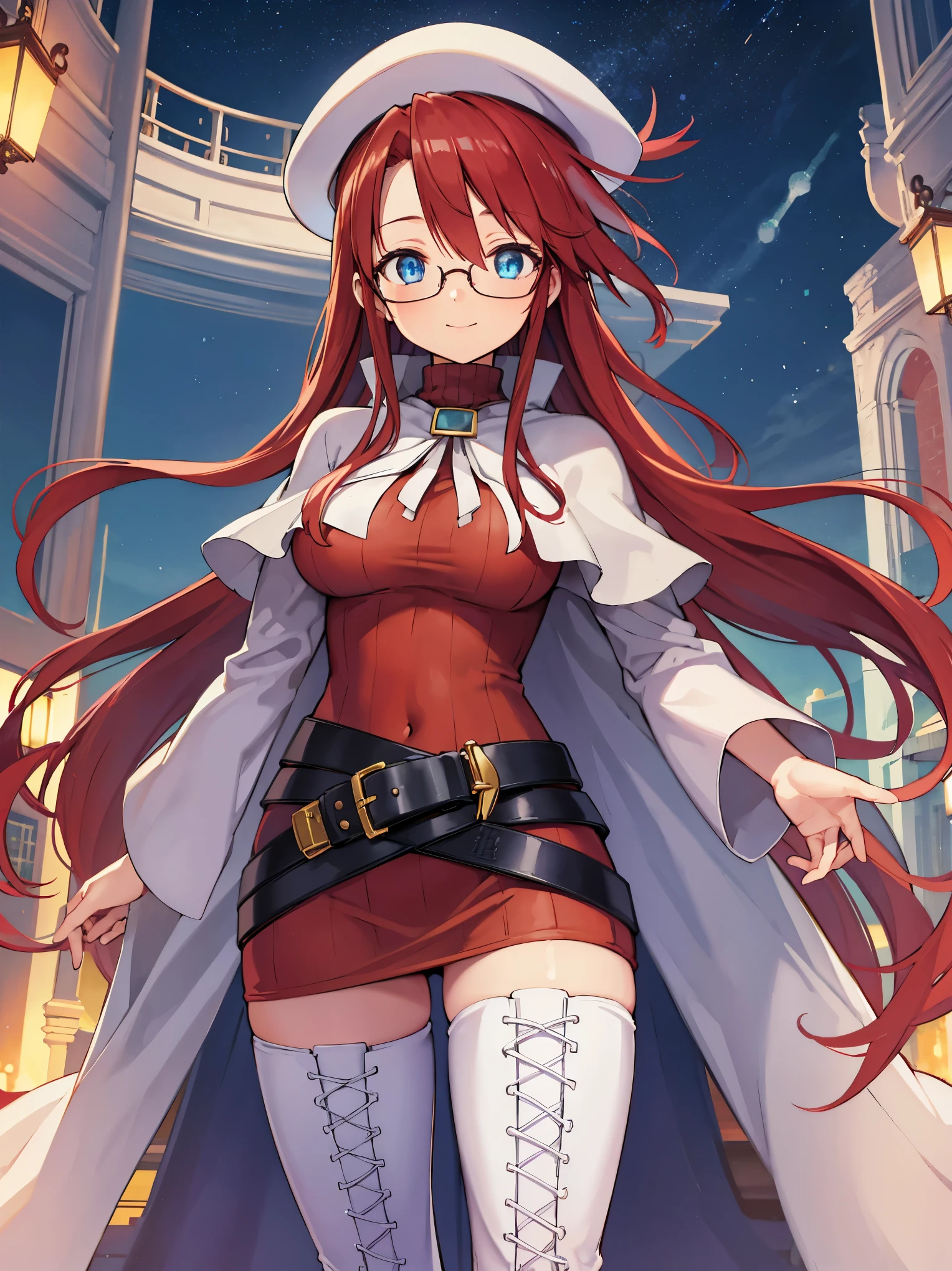 summonnightaty, aty, long hair, blue eyes, red hair, beret, hat, glasses,
BREAK long hair, thighhighs, hat, dress, boots, glasses, belt, cape, sweater, zettai ryouiki, beret, thigh boots, white footwear, ribbed sweater, loose belt,solo,
BREAK outdoors, fantasy,on_a_ship,
BREAK (masterpiece:1.2), best quality, high resolution, unity 8k wallpaper, (illustration:0.8), (beautiful detailed eyes:1.6), extremely detailed face, perfect lighting, extremely detailed CG, (perfect hands, perfect anatomy),covered_nipples,covered_navel,light_smile ,(half_eyes:1.4),sword,armpit,sleepy,dynamic_standing,barrel,red_sweater,apart_legs,magical_effect,pulmp,big_tits,