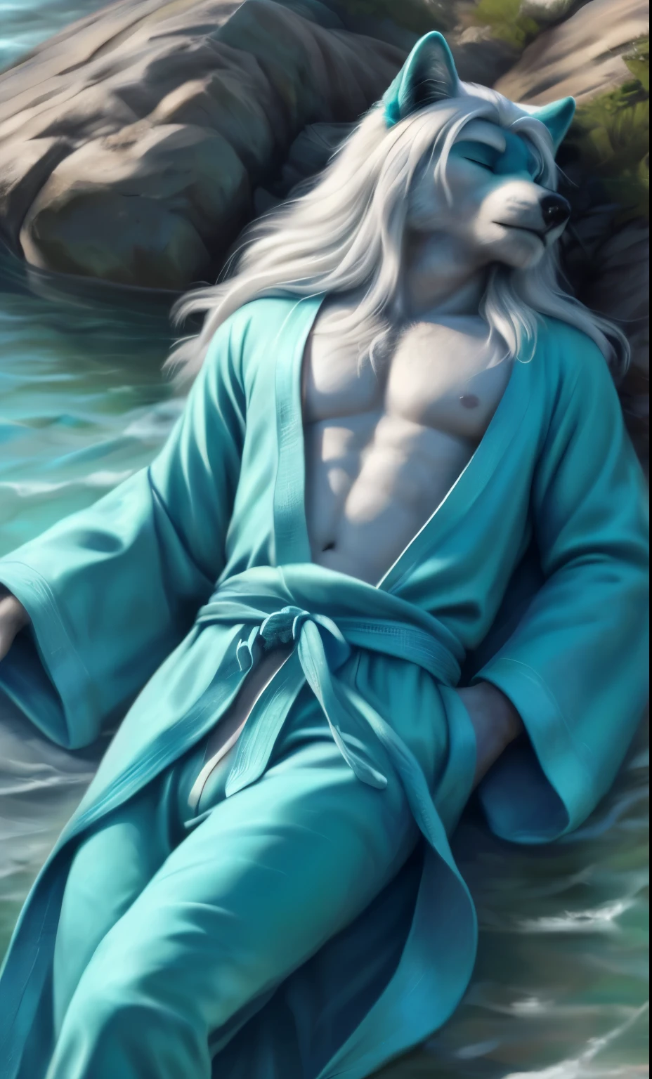 Middle-aged man,musculine,long White hair,No mustache,No clothes...,Nothing in the body...,Lying in the water,water lily,lotus leaf,Closed eyes,master-piece,4K images,beste-Qualit