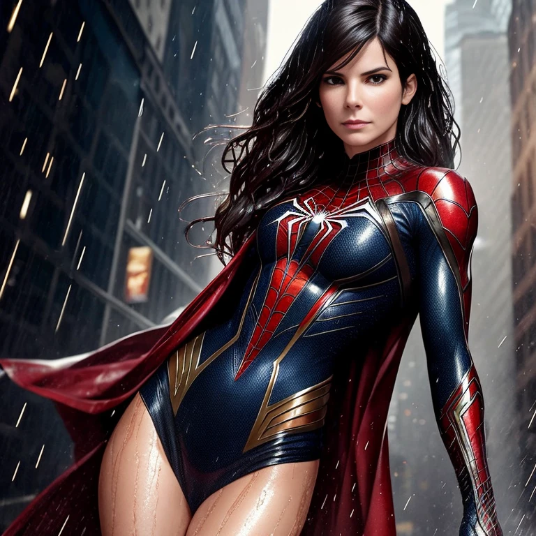 Sandra Bullock、マーベル・コミック映画のPoster, Very beautiful, Movies about Spiderman, sexy, whole body, I'm wearing a skirt、Premiere date, Poster、belly buttonを突き出す、new york、She's wearing a torn Spider-Man suit,The suit is torn、Wearing a skirt、 Red and black color scheme,dynamic、masterpiece、highest quality、Ultra-detailed、Very detailed、A delicate and beautiful shine、超A high resolution、Cinematic,Break,Breakdrop,(Torn clothes:1.5), (Wet clothes:1.4), Bare shoulders,Real Rain,Wet Hair,belly button、Exposing Skin、sexyな肩を見せてる
