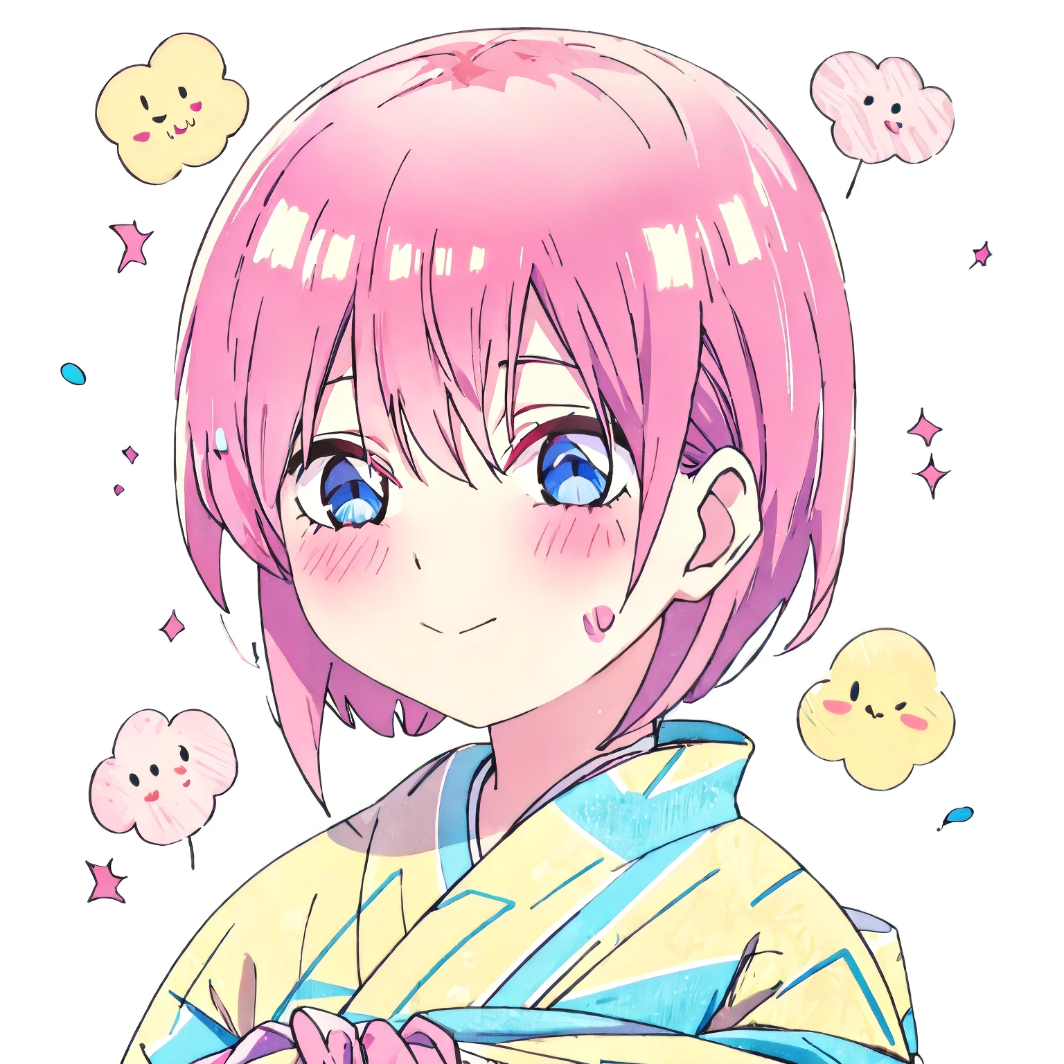 1 girl, solo, Ichika nakano, nakano_ichika, short silky pink hair,, beautiful, masterpiece, best quality, ichika nakano, short pink hair, blue eyes, 1 sticker, sticker, white background, no background,  background, minimal, cute, tiny, pastel color, vector style, no gradient, simple stickers, teasing smile, cute expression