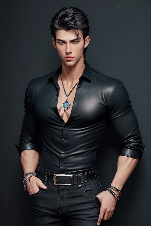 Handsome 20 year old man athletic build muscular slim black shirt dark blue open shirt black jeans black leather belt with silver buckle tree shape arrow medallion black bead bracelet background of New Orleans at night