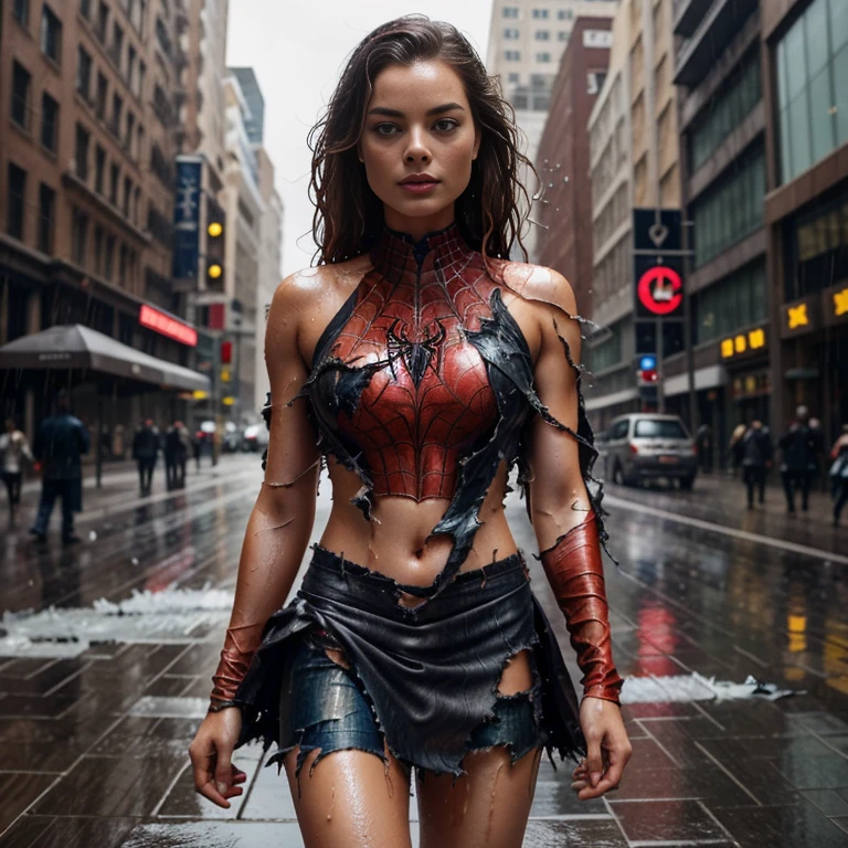 Margot Robbie、マーベル・コミック映画のPoster, Very beautiful, Movies about Spiderman, sexy, whole body, I'm wearing a skirt、Premiere date, Poster、belly buttonを突き出す、new york、She's wearing a torn Spider-Man suit,The suit is torn、Wearing a skirt、 Red and black color scheme,dynamic、masterpiece、highest quality、Ultra-detailed、Very detailed、A delicate and beautiful shine、超A high resolution、Cinematic,Break,Breakdrop,(Torn clothes:1.5), (Wet clothes:1.4), Bare shoulders,Real Rain,Wet Hair,belly button、Exposing Skin、sexyな肩を見せてる
