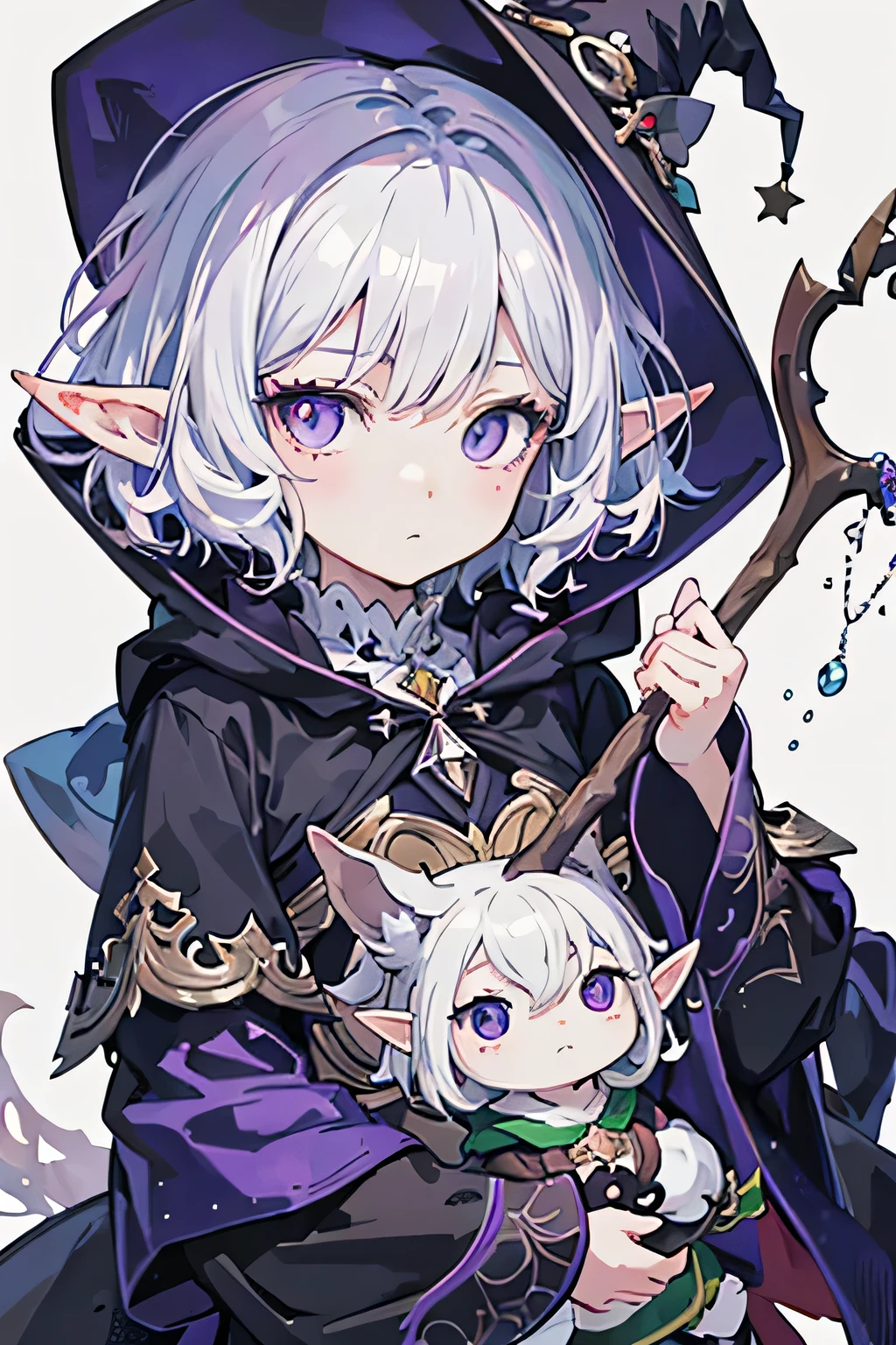 anime - style image of a girl with purple eyes and a hood, lalafell, elf girl, dark elf, demon anime girl, zerochan art, little elf girl, neferpitou, cute character, cute anime girl portraits, cute anime face, with huge luminous sad eyes, witch girl, guweiz on pixiv artstation
