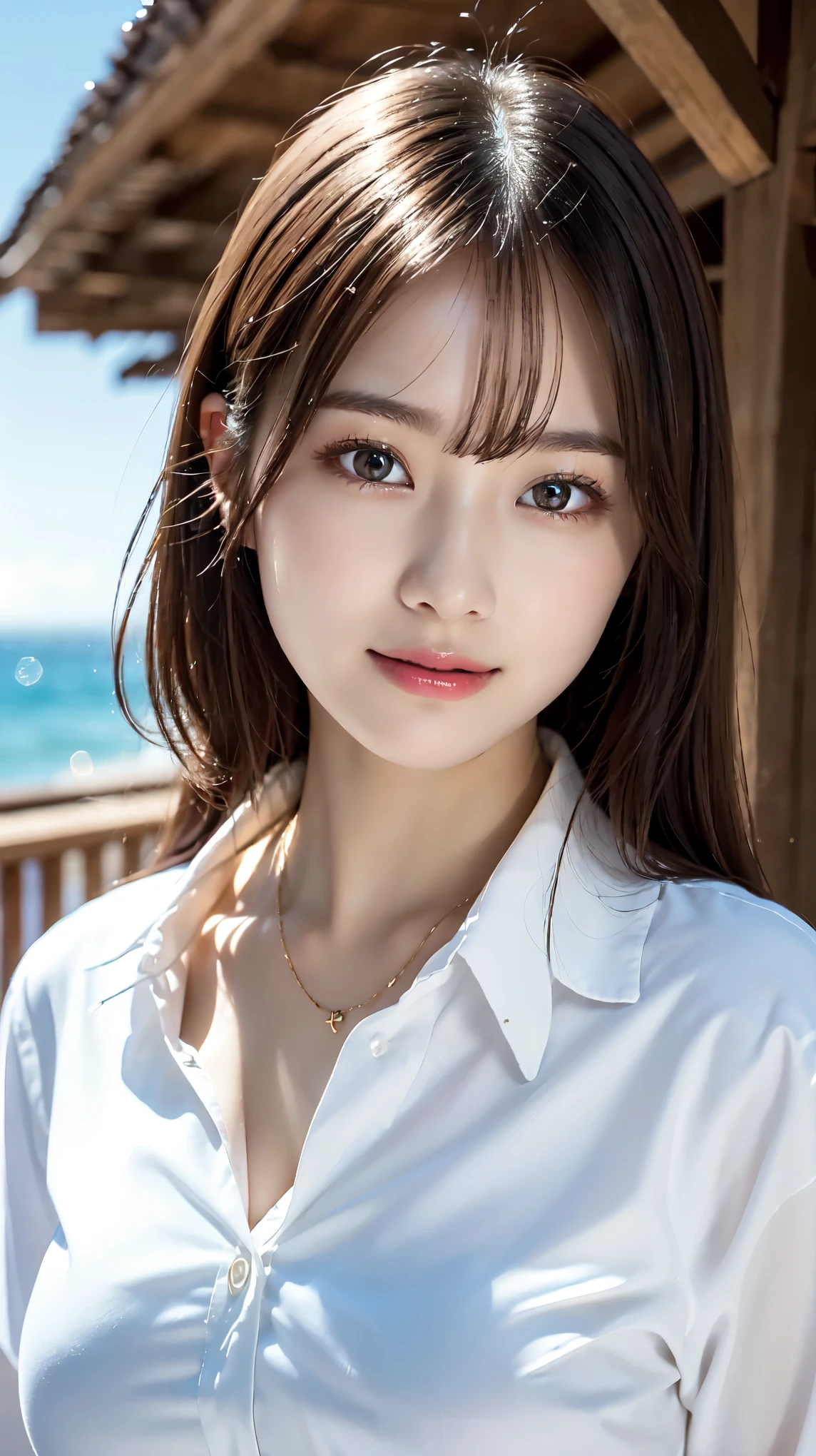 Oversized white collared shirt、Naked except for a shirt、full body shot、Complex and beautiful eyes、woman、womanらしい髪型、Natural color lip、Big Breasts、valley、bold and sexy pose、smile、Ocean、((18歳woman:1.******ung adorable Japanese face, Official Art，Highly detailed CG Unity 8k wallpaper, (masterpiece:1.0),(highest quality:1.0), photo shoot, 8K, nsfw, High resolution, Kodak Portrait 400, Film Grain, Lens Flare Glow,View Viewer