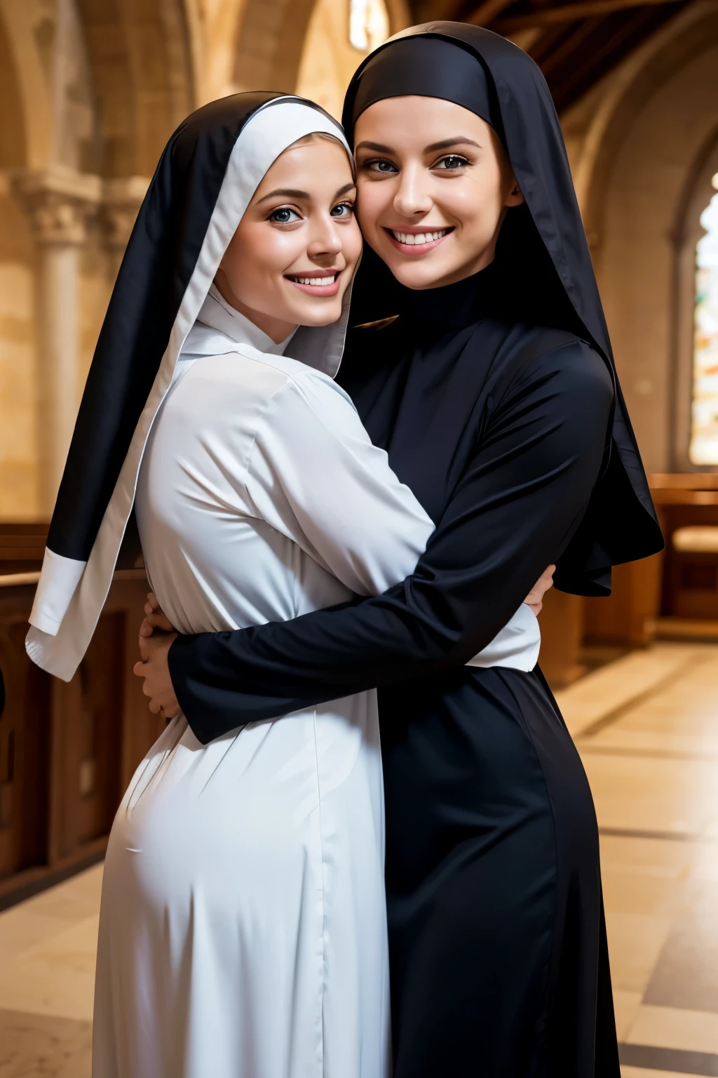 Two beautiful Italian women、blonde、blue eyes、Smiling with teeth showing、Nun、Big Breasts、Sexy Body、monastic uniform、They are hugging each other、At church