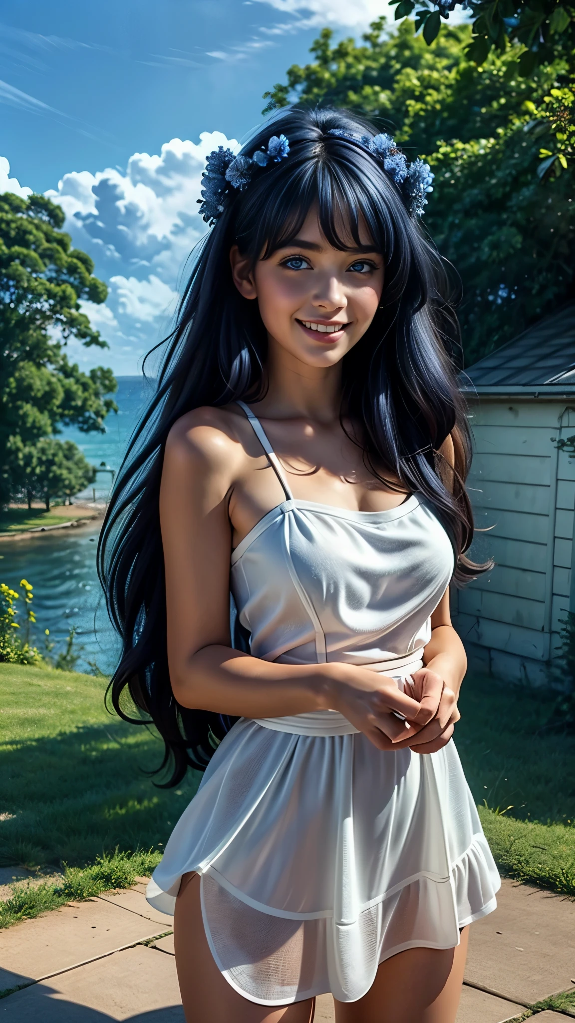 8k, high detailed picture, high quality picture, realistic style, masterpiece, hippiechiks, (long blue hair:1.3), disheveled hair, (perfect blue eyes:1.3), big brightness eyes, light loose dress, ribbon on dress, a wreath of flowers on head, dancing, dress is fluttering in the wind, happy face, smiling, perfect accurate white teeth, very young girl, samantha