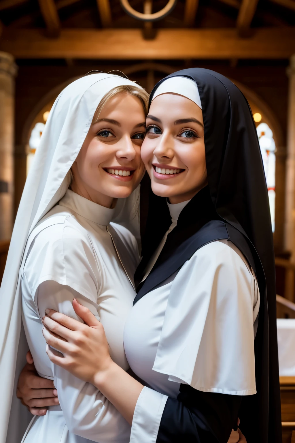 Two beautiful Italian women、blonde、blue eyes、Smiling with teeth showing、Nun、Big Breasts、Sexy Body、monastic uniform、They are hugging each other、At church