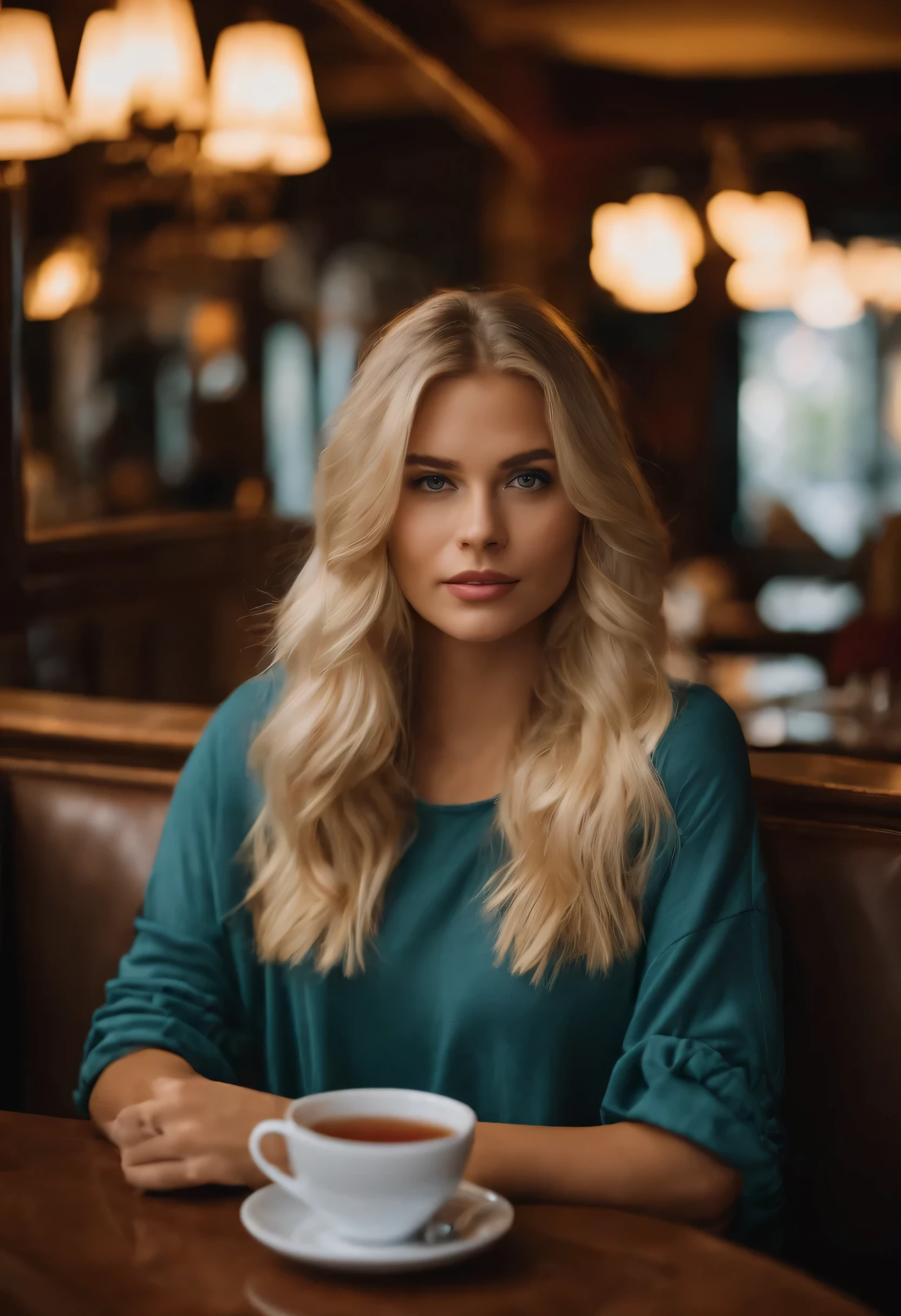 Très belle blonde de 22 ans portant un t-shirt regardant directement la caméra assise dans un restaurant en train de boire du thé