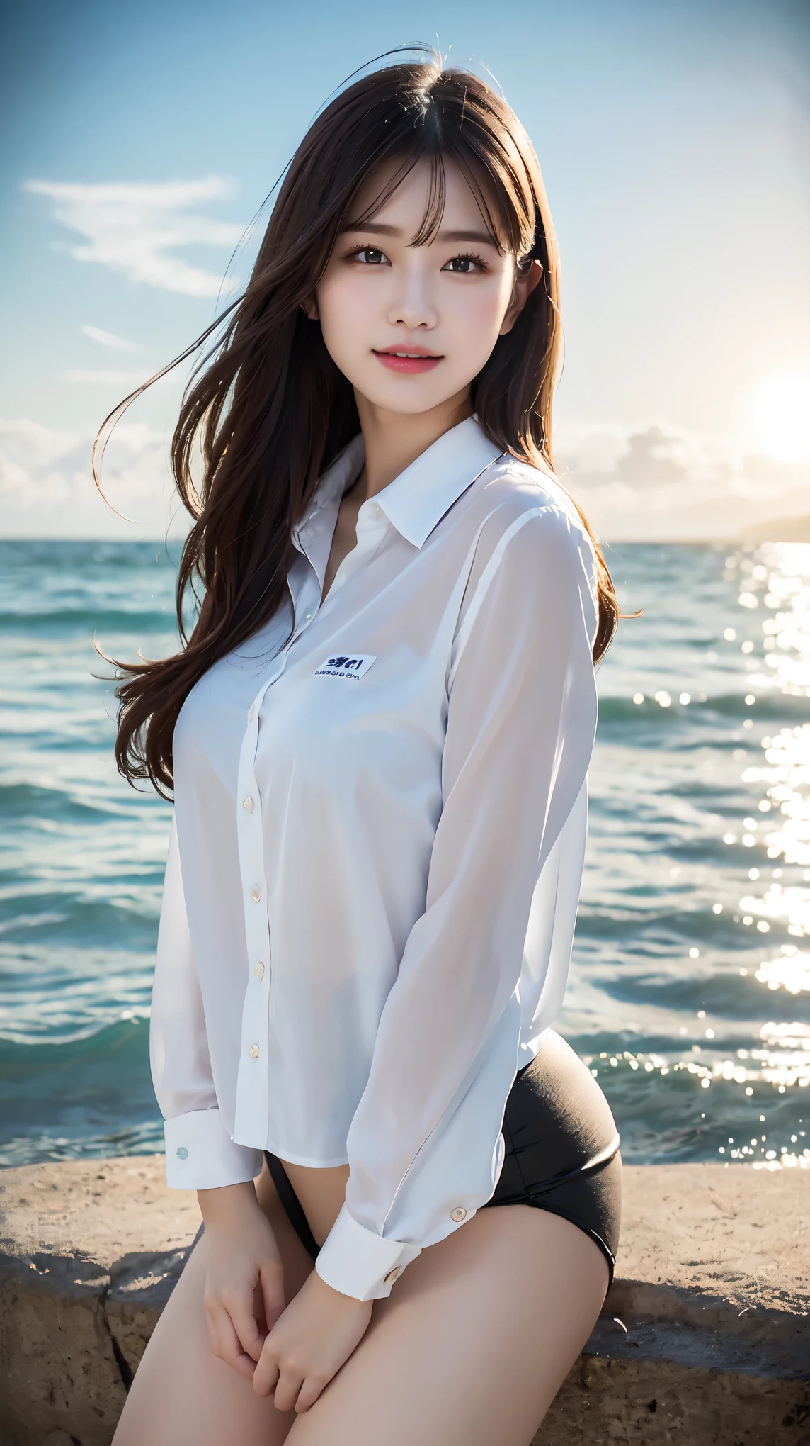 Oversized white collared shirt、Naked except for a shirt、full body shot、Complex and beautiful eyes、woman、womanらしい髪型、Natural color lip、Big Breasts、valley、bold and sexy pose、smile、Ocean、((18歳woman:1.2))、Young adorable Japanese face, Official Art，Highly detailed CG Unity 8k wallpaper, (masterpiece:1.0),(highest quality:1.0), photo shoot, 8K, nsfw, High resolution, Kodak Portrait 400, Film Grain, Lens Flare Glow,View Viewer