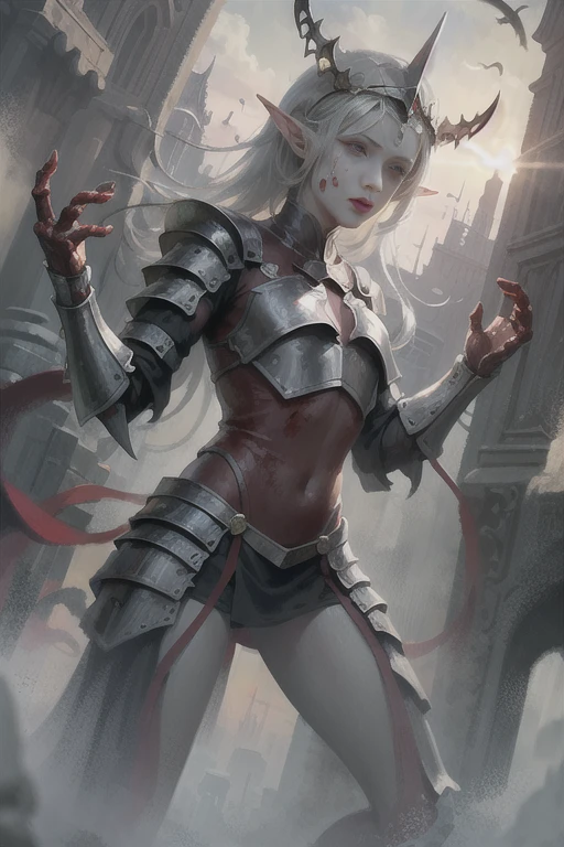 Grey skin, blood soaked, elf, rare, cursed maiden, cursed armor, beautiful woman, long silver hair, red glowing eyes, grey skin, black attire, palace ruins,