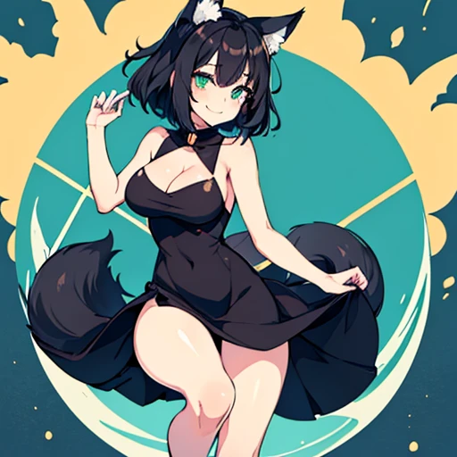 Cute, young, flat chest, 10 years old, naked, small legs, kneeling, thin legs, wolf ears, fluffy tail, dark purple hair, dark purple tail, smiling, cosmic hair