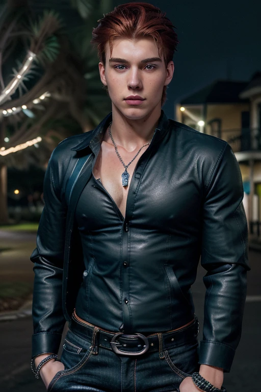 Tom Holland, Giant Belly, Big Bulge, Eating food, Bursting out of jacket, leather jacket with fur trim, long sleeves, black jeans, volumetric lighting, athletic, best quality, masterpiece, intricate details, tonemapping, sharp focus, hyper detailed, trending on Artstation, looking at viewer, realistic, Obese