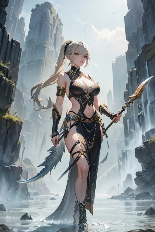 Beautiful greyish blond amazon woman with a relaxed fishtail hairstyle holding a spear, standing tall