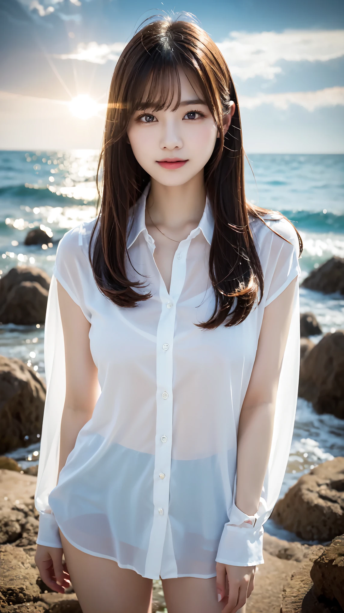 ultra-detailliert, hight resolution, (realisitic, Photorealsitic:1.4), 8K, Raw foto, (​masterpiece), (top-quality), physically-based renderingt, college girls, long brown hair, Korea, the beach, In look, Nothing to wear、unbuttoned_white_shirt,