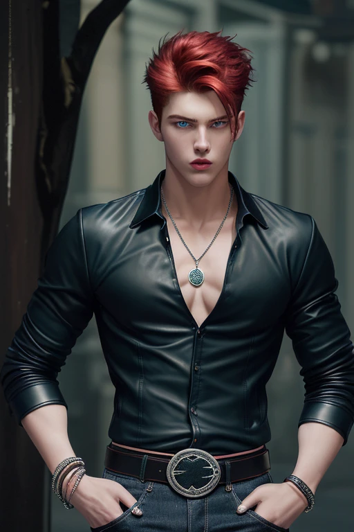 20-year-old man handsome athletic build muscular slim black shirt open jacket dark blue black jeans black leather belt with silver buckle tree shape arrow medallion black bead bracelet background of New Orleans at night red hair with white green eyes