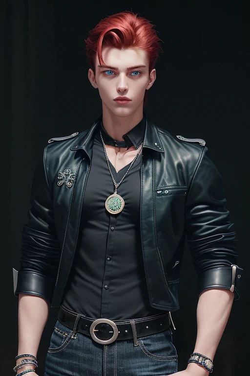 20-year-old man handsome athletic build muscular slim black shirt open jacket dark blue black jeans black leather belt with silver buckle tree shape arrow medallion black bead bracelet background of New Orleans at night red hair with white green eyes
