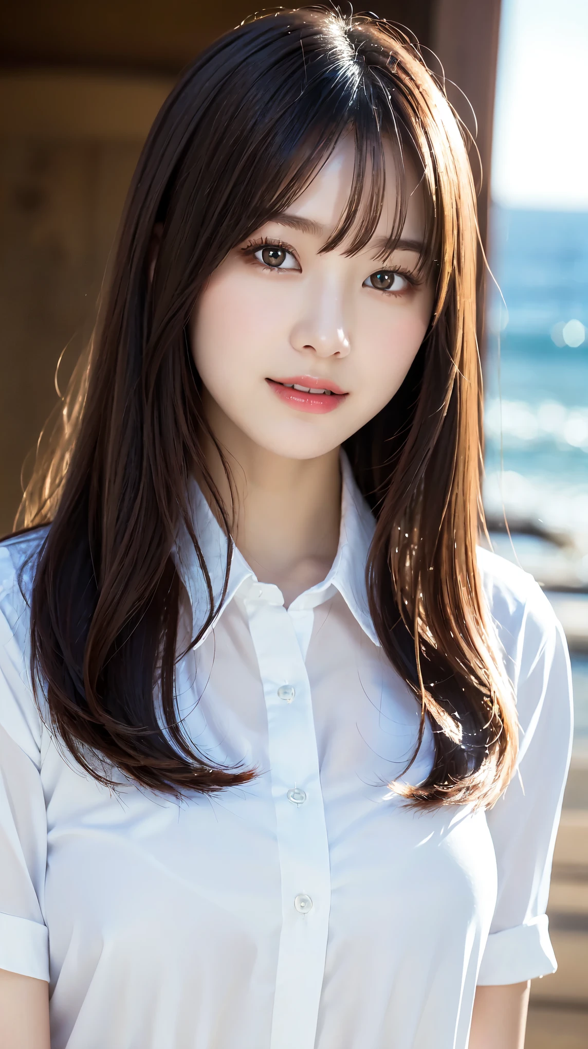 Oversized white collared shirt、Naked except for a shirt、full body shot、Complex and beautiful eyes、woman、womanらしい髪型、Natural color lip、Big Breasts、valley、bold and sexy pose、smile、Ocean、((18歳woman:1.ung adorable Japanese face, Official Art,Highly detailed CG Unity 8k wallpaper, (masterpiece:1.0),(highest quality:1.0), photo shoot, 8K, nsfw, High resolution, Kodak Portrait 400, Film Grain, Lens Flare Glow,View Viewer