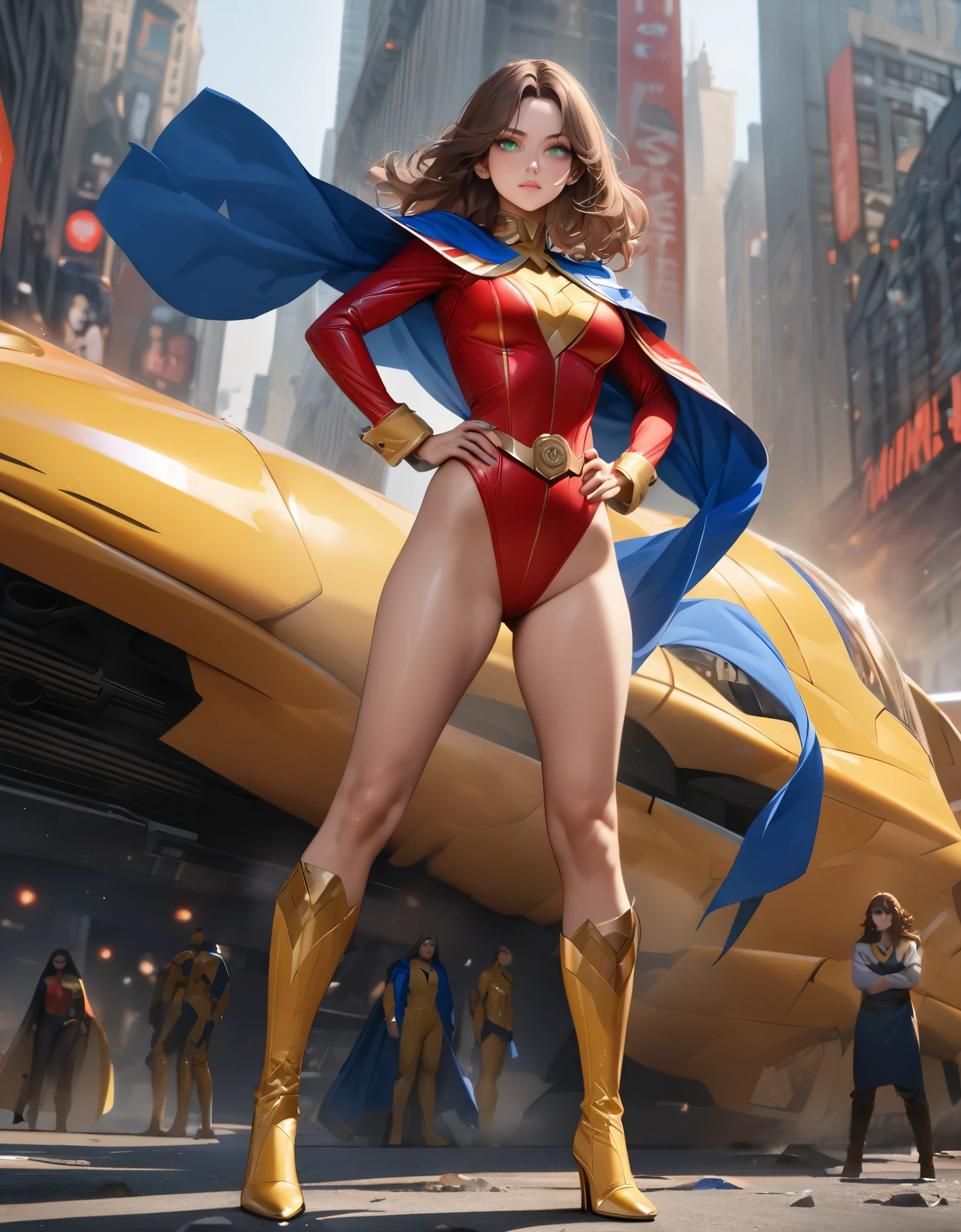 ((best quality)), ((masterpiece)), ((ultra realistic)), (dynamic heroic pose), solo, solo focus, american lady, beautiful detailed face, detailed eyes, sexy superhero, ((dressed in a red leotard with blue accents)), new york city backdrop, highly detailed, professional, bare legs, full body), hands on hip, standing, ((brown hair, medium hair)), green eyes, matching boots, yellow boots, ((long sleeves, yellow cuffs)), yellow hawk-shaped crest on chest, ((blue cape)), cowboy shot, gold superhero belt, (perfect hands), full body with costume.