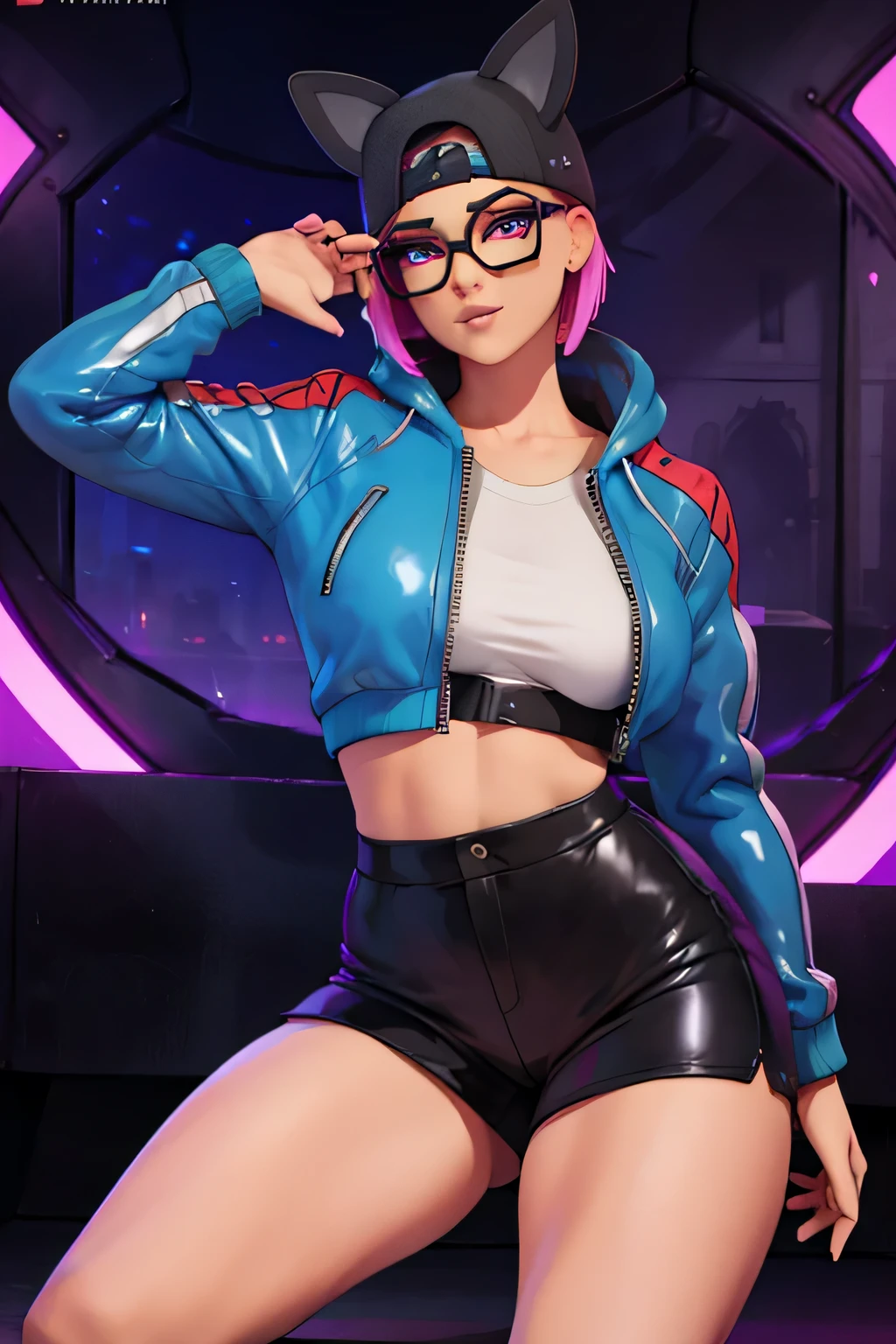 gafas de lince, chaqueta azul con negro, latex shorts, neon, pose femenino, ojos finos gafas