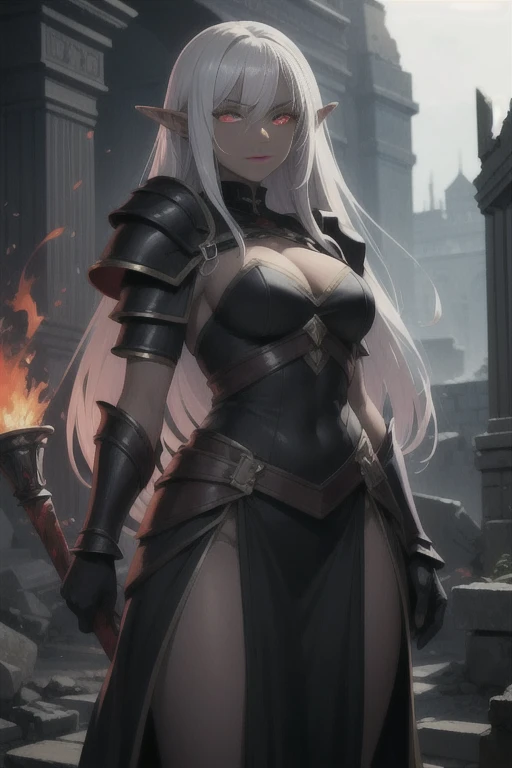 Dark skin, covered in blood, elf, rare, cursed maiden, cursed armor, beautiful woman, long silver hair, red glowing eyes, grey skin, black attire, palace ruins,