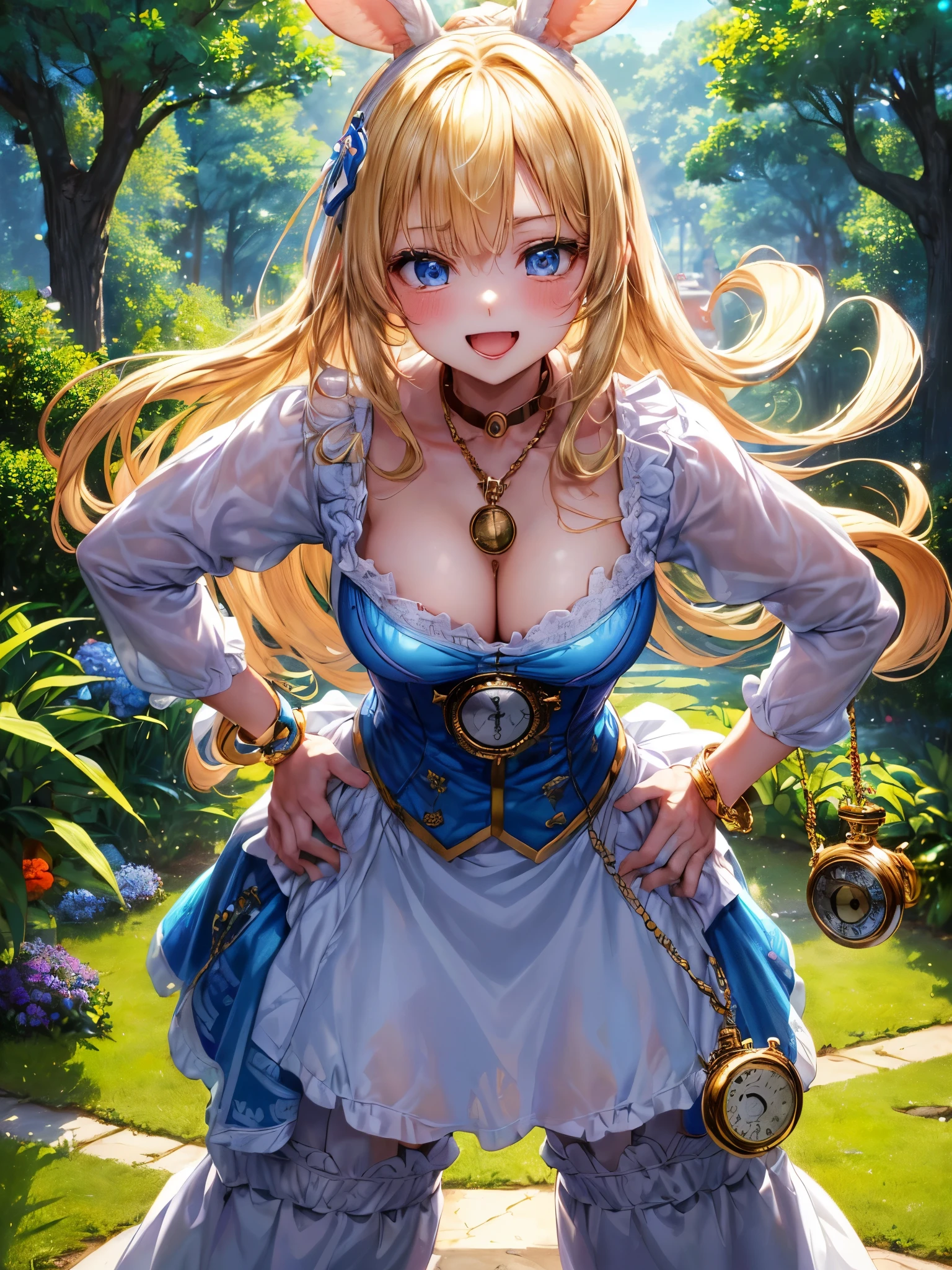 Disorganized, Super detailed,Bright colors,(In 8K:1.3),Masterpiece,Very beautiful detailed face and eyes, (Wonderland:1.3),(Blue and white dress:1.2), (Wonderlandのアリス:1.2), (White Rabbit in Clothes with a Pocket Watch:1.3), (Wonderlandの少女アリス:1.5), ((There is cleavage in the chest, unbuttoned):1.2), (Wonderlandの動物たち:1.2), (Necklace,Colorful Bracelets,(Trump Soldier:1.4),Picture of playing cards,Wonderlandの女王,forest、sunlight filtering through the foliage、sunlight、(Smooth Straight Blonde Hair:1.3), (Middle parted hair),(Shiny Hair:1.2), Delicate beautiful face, blush、deep blue eyes, (A happy smiling face:1.2),Small Necklace,(Lean forward with your hands on your hips:1.4)