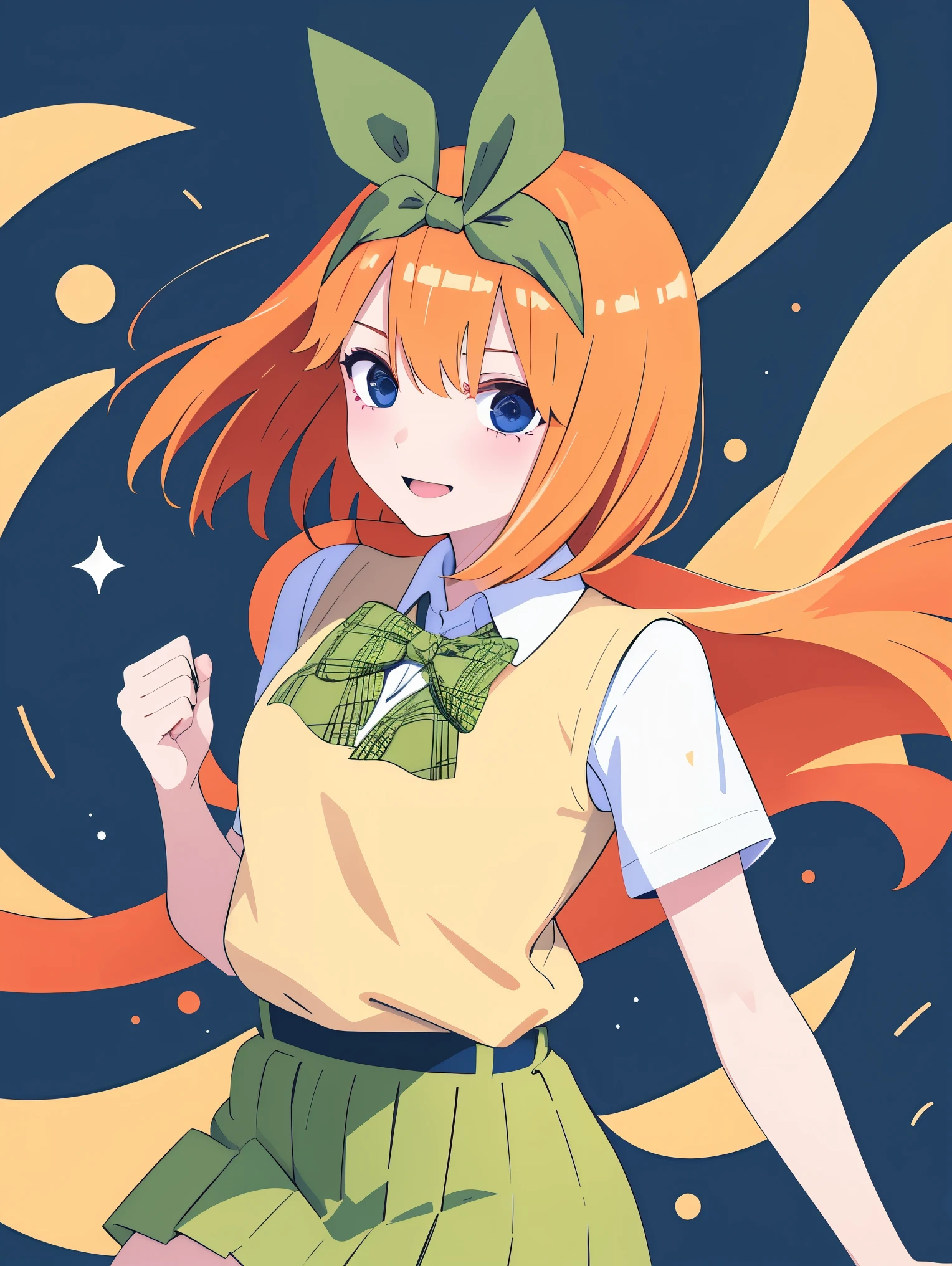 1 girl, solo, masterpiece, best quality, illustration, minimal design for a t-shirt, yotsuba nakano in a dynamic pose, orange bob hair, orange shoulder length hair, green ribbon, minimal design, flat shapes, green bowtie, yellow sleeveless sweater, collared white shirt, green pleated skirt, , Good shapes, perfect lines, perfect lineart, professional, good, cute, tender expression, lovely, , smile, sweet eyes,