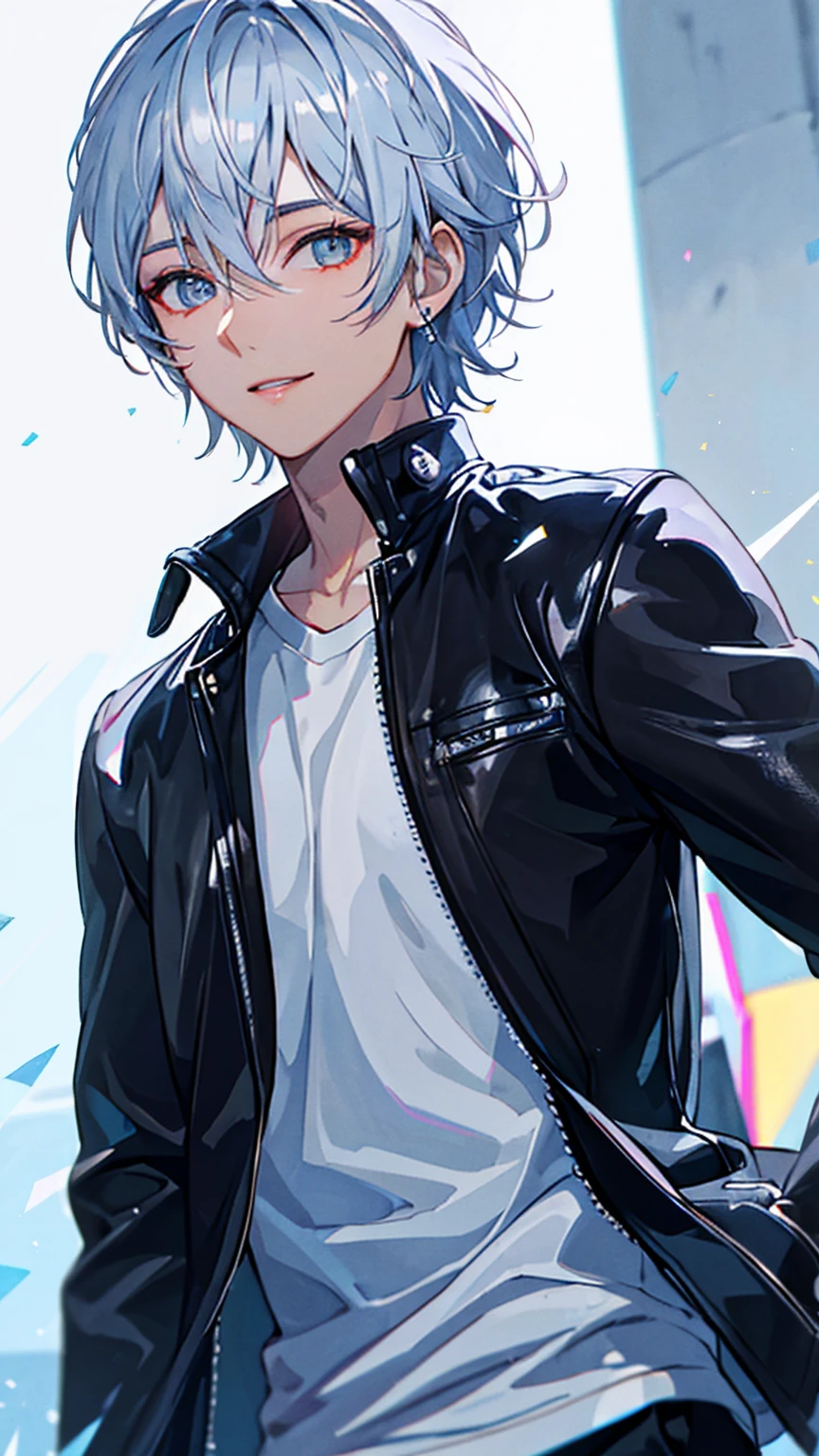 Handsome young man wearing a leather jacket, wearing a cap, with silver hair, holding ice cream, silver messy hair, handsome, (8k, RAW photo, photorealistic:1.25) ,( lipgloss, eyelashes, man, gloss-face, glossy skin, dark skin, dark snik, male, best quality, ultra highres, young man, depth of field, chromatic aberration, caustics, Broad lighting, natural shading,Kpop idol) looking at viewer with a serene and god-like happiness,