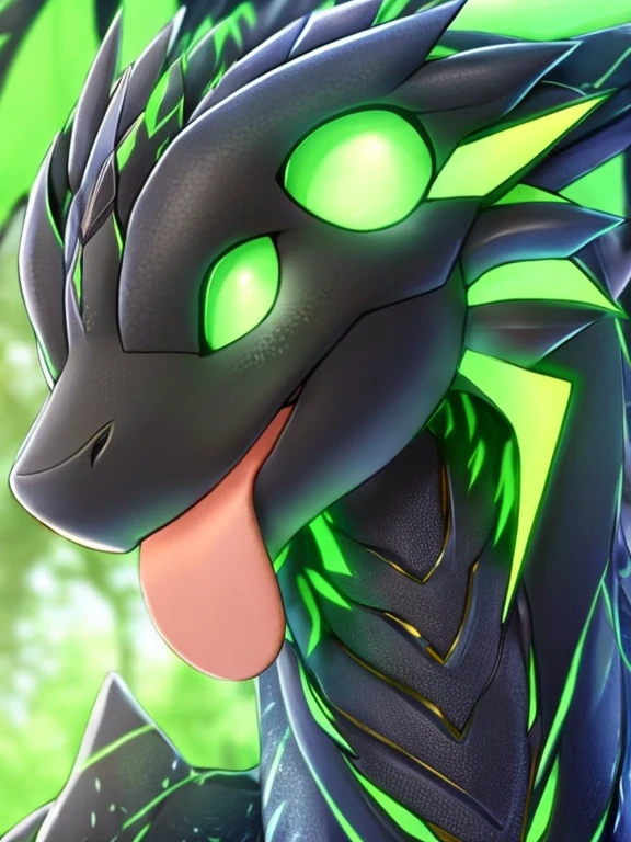 Female black Dragon sticking out her tongue, completely bright green eyes without irises or pupils looking straight ahead