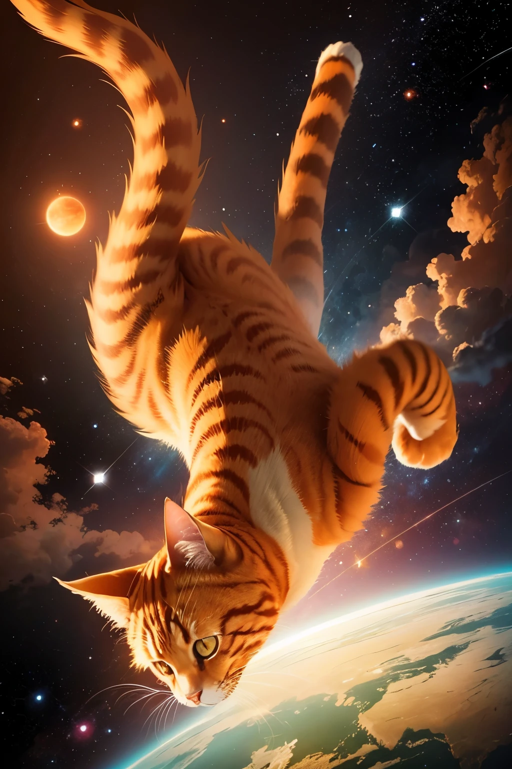 A orange-colored cat, floating in the vast expanse of outer space, with a realistic style rendering.