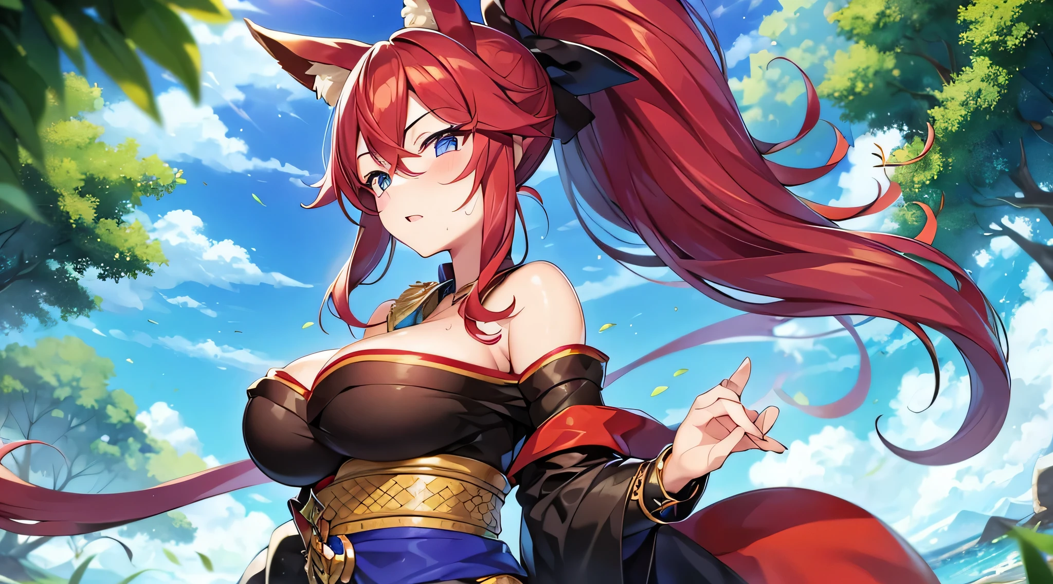 masterpiece、highest quality、1girl , solo , huge breasts、deep cleavage、light red hair、ponytail、fox ears、brightly colored eyes、blue eyes、black glasses、japanese green kimono、hakama、flashy necklace、charm、Wet、face turns red, very sweaty, dynamic pose、standing、Headphones worn around the neck、flashy hair ornament、shrine