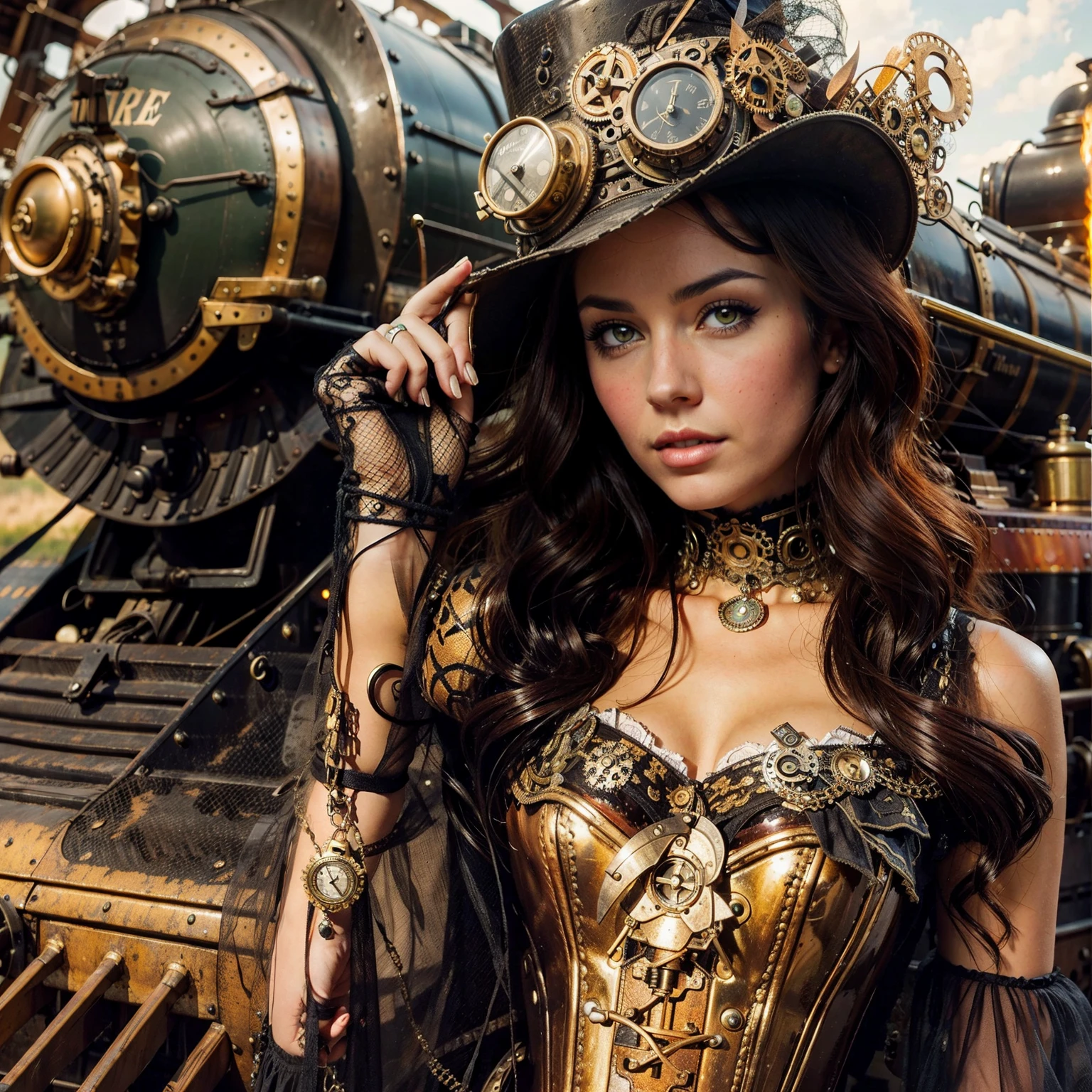 A beautiful steampunk woman in front of a steampunk locomotive