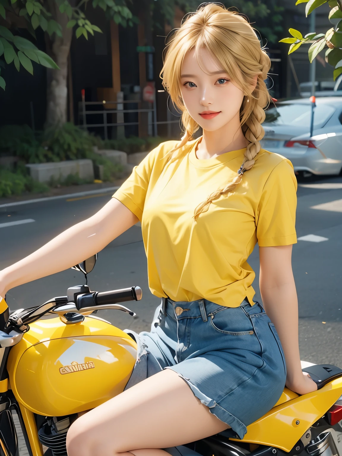 (masterpiece:1.3), (8k, Realistic, RAW Photos, highest quality:1.4), (Realistic face), (Blonde, Braided hair:1.3), Beautiful hairstyle, Realistic eyes, Beautiful small blue eyes, (Realistic skin), (Beautiful Skin), (((Riding a motorcycle outdoors))), charm, Ultra-high resolution, Surreal, Golden Ratio, Long limbs、((smile)), ((full body shot)), ((((Yellow short sleeve shirt))))、((Jeans and sneakers))