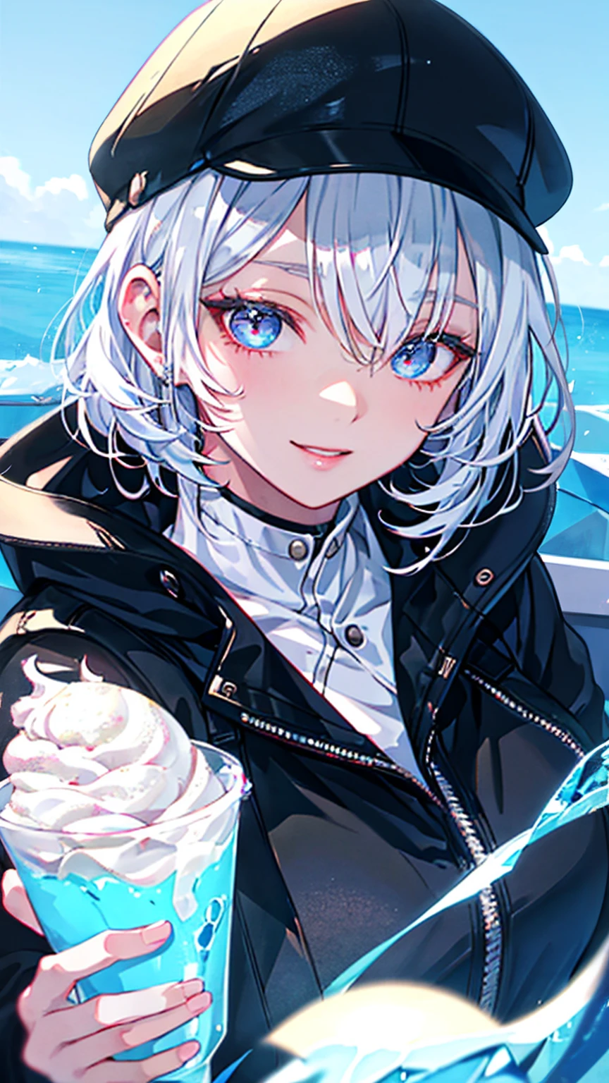 Handsome young woman wearing a leather jacket, wearing a cap, with silver hair, holding ice cream, silver messy hair, handsome, (8k, RAW photo, photorealistic:1.25) ,( lipgloss, eyelashes, man, gloss-face, glossy skin, dark skin, dark snik, male, best quality, ultra highres, young man, depth of field, chromatic aberration, caustics, Broad lighting, natural shading,Kpop idol) looking at viewer with a serene and god-like happiness,Large Breasts
