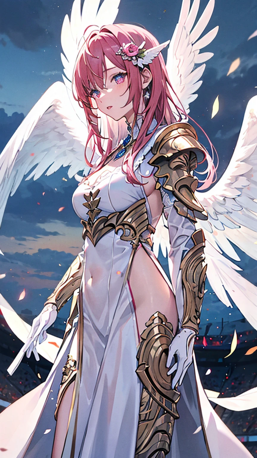 ((original photo)), ((masterpiece)), Anthropomorphic humanoid angel girl in white noble robe, Intricate details, football, Complex Greebles Works, The sky behind, Pink, beautiful wings, Detailed eyes and lips