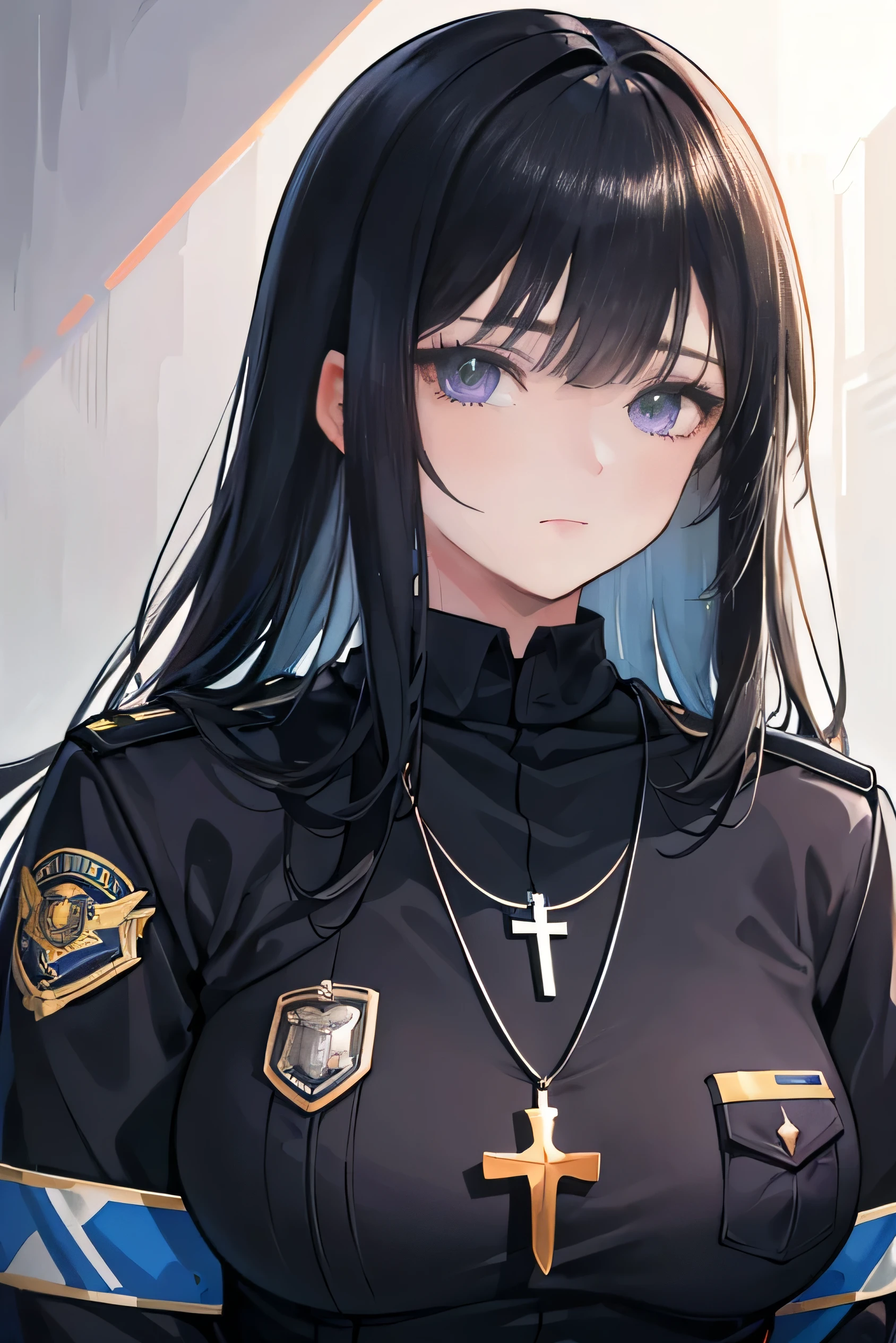 Black hair, long hair, straight bangs, sad expression, police officer, police uniform, woman, illustrations, high-quality, ultra-detailed, realistic, vivid colors, portraits, warm tones, soft lighting. ((Necklace with a cross)). Crying. feeling sorry
