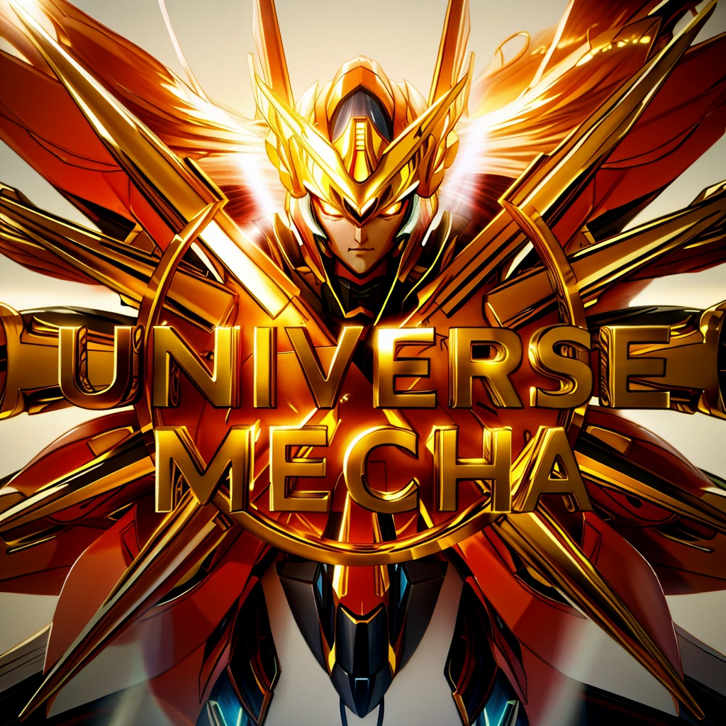 a close up of a person holding a sword in front of a logo, unreal engine render saint seiya, # mecha, ultra mega detailed, mecha asthetic, ethereal and mecha theme, ultra mega super hyper detail, mecha inspired, greek god in mecha style, cool mecha style, mecha font, mecha art