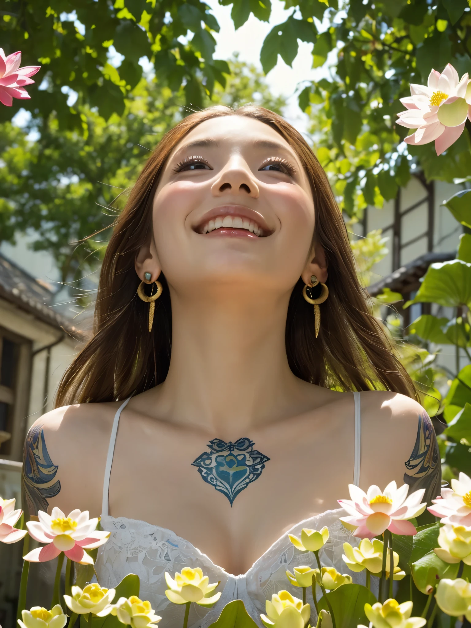 High resolution symmetrical images, Japanese film photo of a woman with colorful tattoos on her waist, chest and arms, Big mouth cleavage、(((Full body tattoos)))、 Large tattoo on the chest、(Lotus tattoo)、 (((close up chest, Underarm, 胸のAngle from below))), blonde braids, short hair, ((Art Nouveau)), (Ecstasy Face), (Alphonse Mucha), Small earrings, ((on the road, wood, Buildings in medieval Europe)), Angle from below、(Anatomically correct)、(Perfect body proportions)、(Natural Hands、Natural Fingers)、(Breast Goddess, Woman born from flowers, ((Round face)), Realistic Eye Size, Droopy eyes, smile,I'm bathed in dazzling light