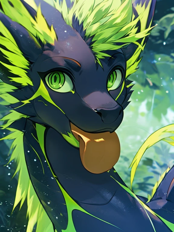 Female black Dragon sticking out her tongue, completely bright green eyes without irises or pupils looking straight ahead