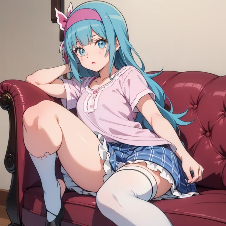 Long  blue hair，Pink Eyes，Adorable expression，Pink and white plaid short sleeves，White fluffy skirt，White Stockings，Sit on a soft cushion，Tilt your head