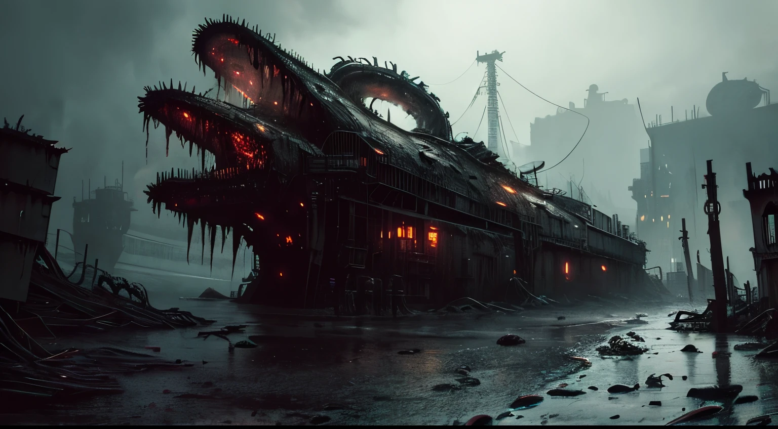 ((gloomy tentacle horror biopunk atmosphere)), biopunk pier, tentacle shipyard, cold lighting, abandoned biopunk landscape, (scorn videogame style), horror atmosphere, presence of something terrible, highly detailed biopunk background, background by Hans Giger, perfect anatomy, masterpiece