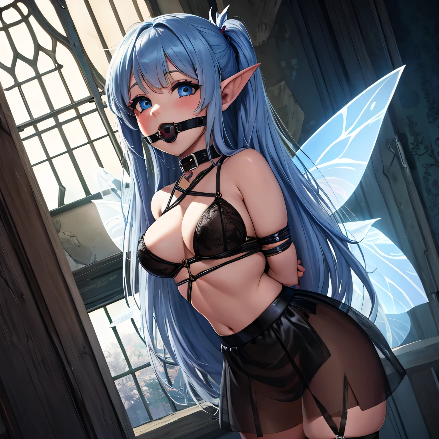 Make a picture where a beautiful fairy is bound and gagged, bound, she wearing a sheer skirt,gr3ysh33r,flirty eyes, ballgag