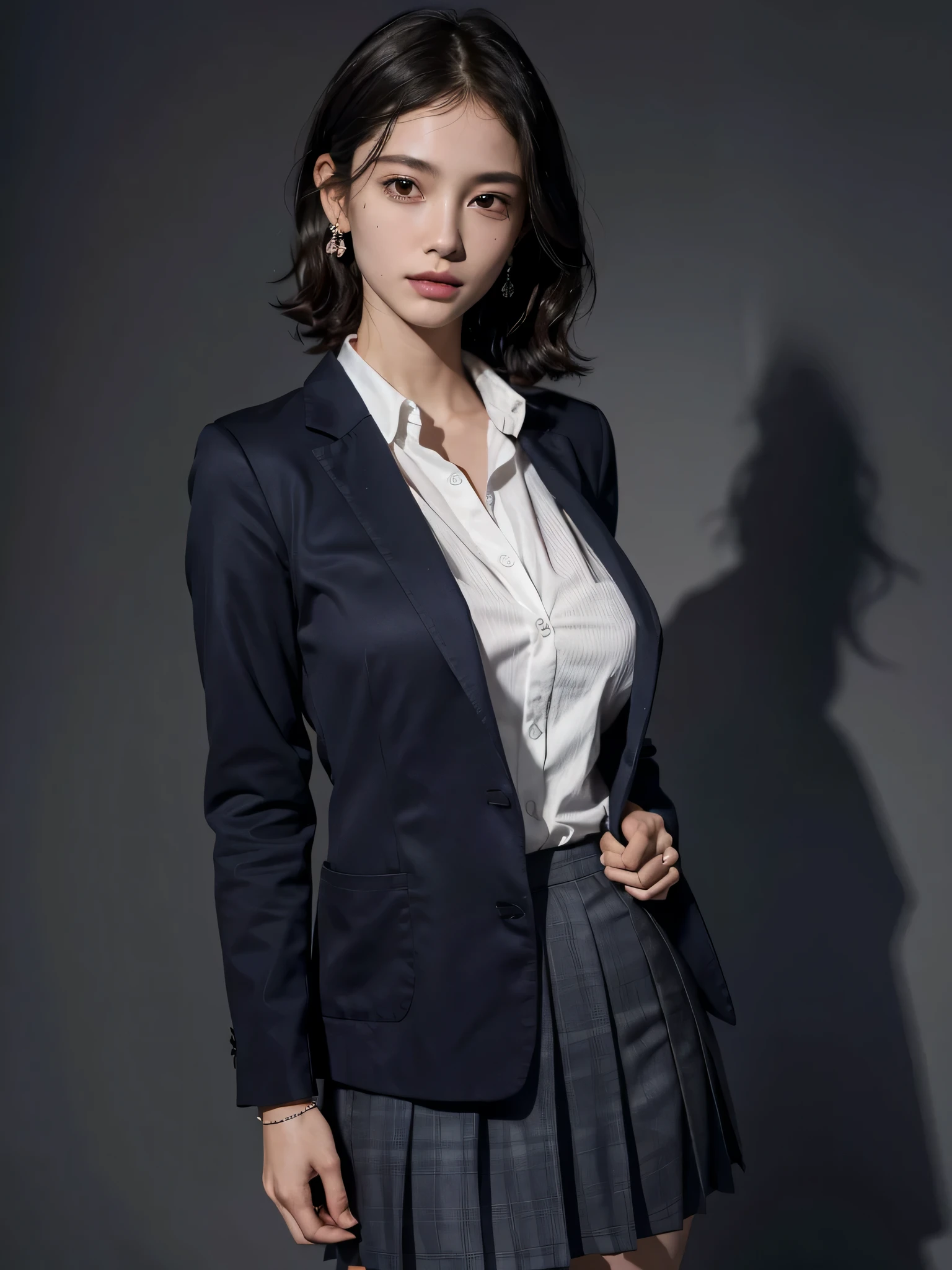 absurdres, (RAW photo), (extremely delicate and beautiful), (masterpiece), (Best Quality), (ultra high resolution), (32k), (hyperrealistic), (ultra-detailed), (perfect anatomy:1.2), perfect figure, super Detailed skin, Very detailed CG 8k wallpaper, 30 years old, very Slim body, narrow waist, very small head, very small face, delicate facial features, tearful mole, earring, thin legs, (very huge round :1.2), (full body shot), short hair, (wavy hair:1.2), wet clothes, (school uniform:1.2), skirt, (blazer),