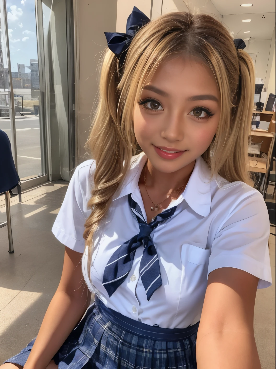 Blondeの, Twin tails, Blonde, Japanese Gal, (Anatomically correct),18-year-old, smile, 4K, highest quality, High resolution:1.1),Short skirt, dark blue plaid skirt, Red Check Skirt, Brown Loafers、Black shoes、High 、Japanese Sailor Suit、White blouse、ribbon、Dark blue socks、The clothes are fluffy, classroom, clinic, bed , Angle from the feet, Angle from below