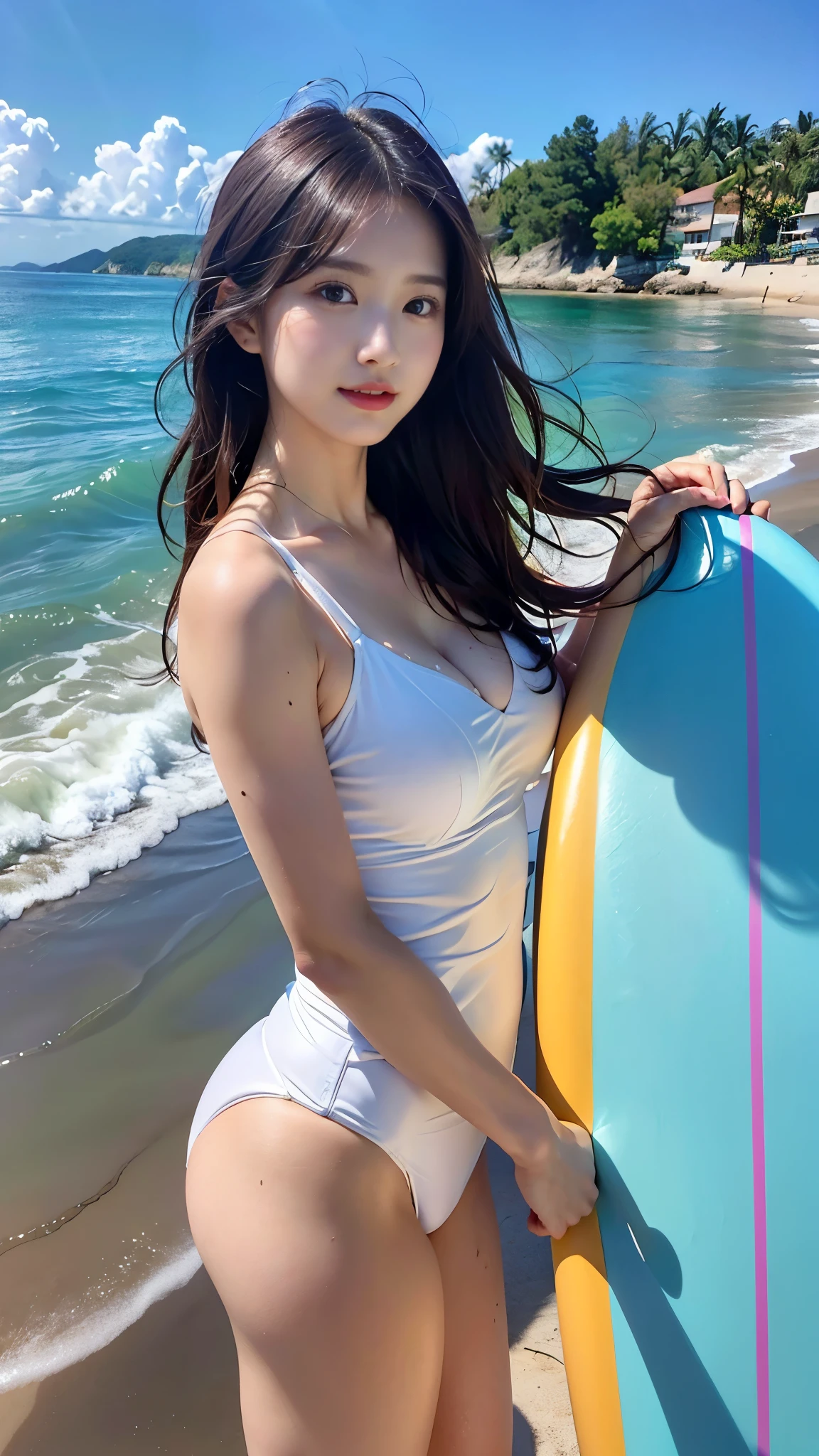 (8 beautiful girls), (), surfer, semi-long, outstanding style, (big breasts), (Cleavage), (Small nose:1.2), (Moist and sexy lips:1.3), (beautiful body line:1.3), (A toned, feminine body:1.2), (Tight-fitting swimwear:1.3), Detailed Surfboard, Detailed face, Small nose, (Detailed hand:1.3), Feminine small hands, Detailed legs, Magnificent landscape, (hair blowing in the wind:1.3), (Detailed skin texture), (Natural lighting!, nffsw++, Ultra-high resolution, highest quality, Improvement of quality, Ultra-detailed, Accurate Color, (photogenic:1.3), Accurate Shadows, (Idol Face), (Delicate girl), Digital single-lens reflex camera, Sophisticated, Film Grain, chromatic aberration, looking at the camera