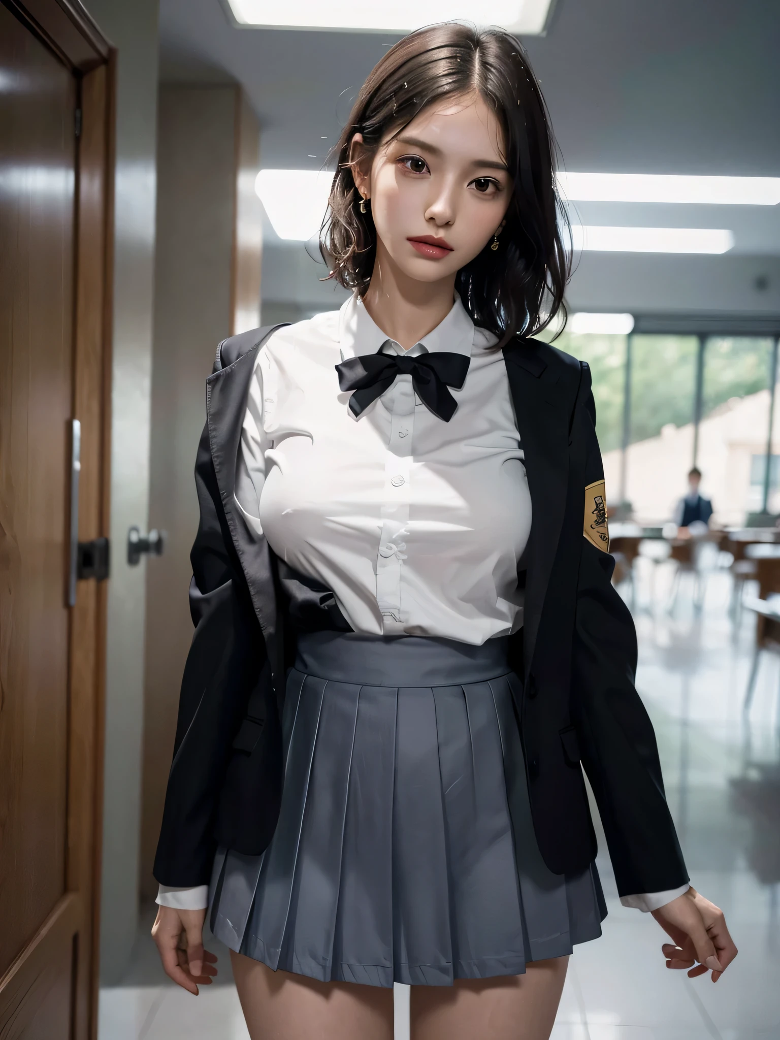 absurdres, (RAW photo), (extremely delicate and beautiful), (masterpiece), (Best Quality), (ultra high resolution), (32k), (hyperrealistic), (ultra-detailed), (perfect anatomy:1.2), perfect figure, super Detailed skin, Very detailed CG 8k wallpaper, 30 years old, very Slim body, narrow waist, very small head, very small face, delicate facial features, tearful mole, earring, thin legs, (very huge round breasts:1.2), (full body shot), short hair, (wavy hair:1.2), wet clothes, (school uniform:1.2), skirt, (blazer),