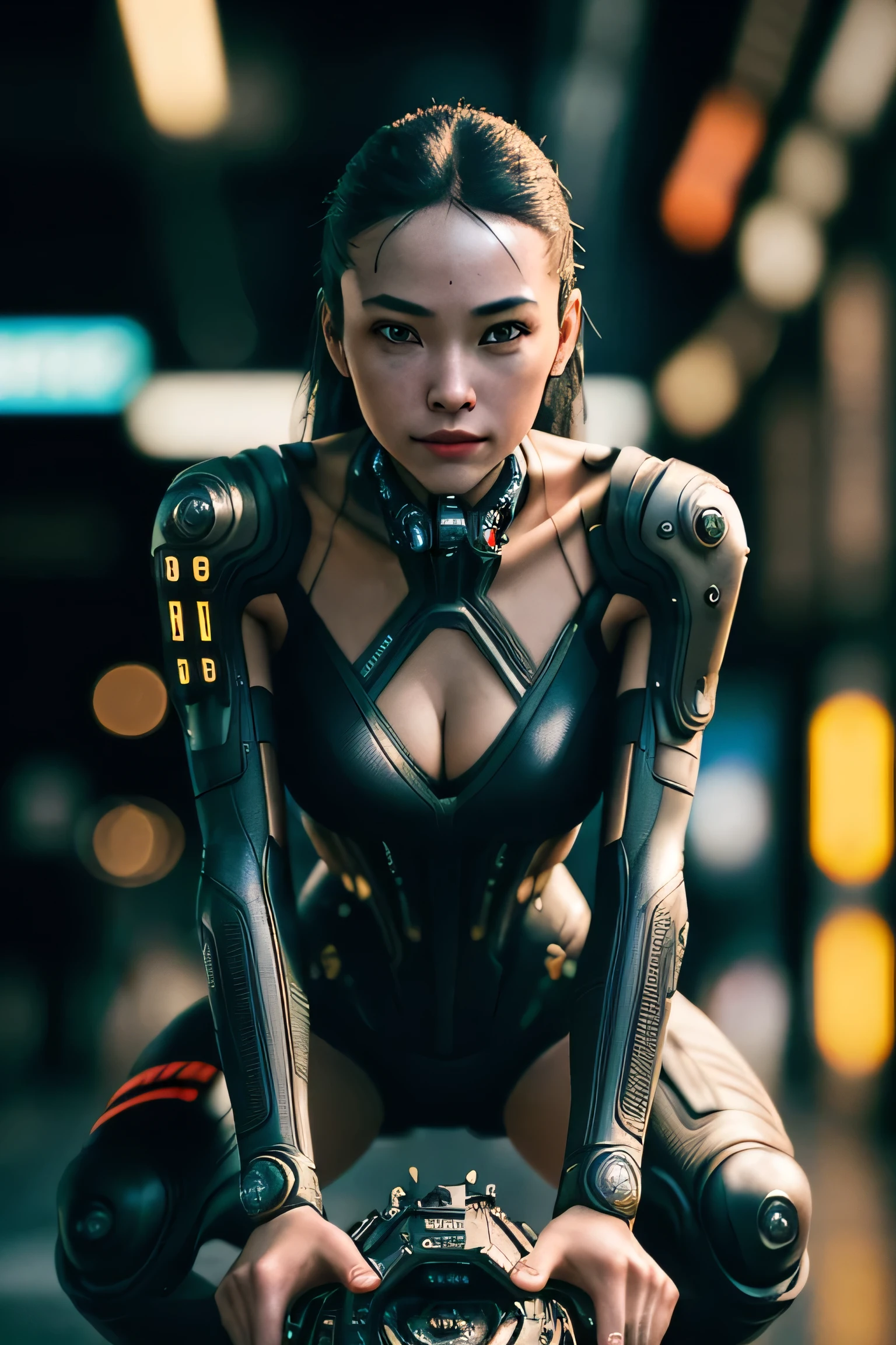 ((extremely delicate and beautiful cybernetic girl)), ((mechanical limbs)), ((detailed face and eyes)) (blood vessels connected to tubes), (mechanical vertebrae), ((mechanical cervical attaching to neck)), (wires and cables attaching to neck:1.2), ((mass of wires and cables on head)), (character focus), (((dynamic pose))), ((cowboy shot)), (masterpiece), (((best quality))), ((ultra-detailed)), (highly detailed photorealistic CG illustration), cinematic lighting, science fiction, extremely detailed,colorful,highest detail, ((random panty, cameltoe)), squatting, cyberpunk city background.