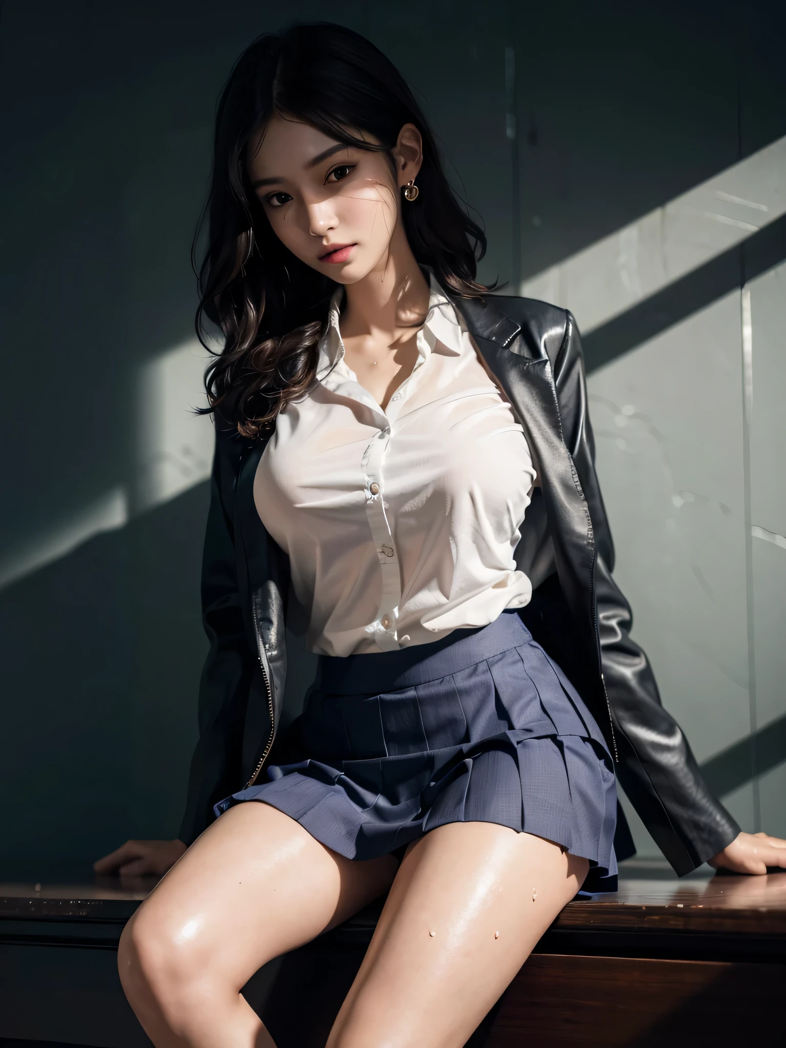 absurdres, (RAW photo), (extremely delicate and beautiful), (masterpiece), (Best Quality), (ultra high resolution), (32k), (hyperrealistic), (ultra-detailed), (perfect anatomy:1.2), perfect figure, super Detailed skin, Very detailed CG 8k wallpaper, 30 years old, very Slim body, narrow waist, very small head, very small face, delicate facial features, tearful mole, earring, thin legs, (very huge round breasts:1.2), (full body shot), short hair, (wavy hair:1.2), wet clothes, (school uniform:1.2), skirt, (blazer),