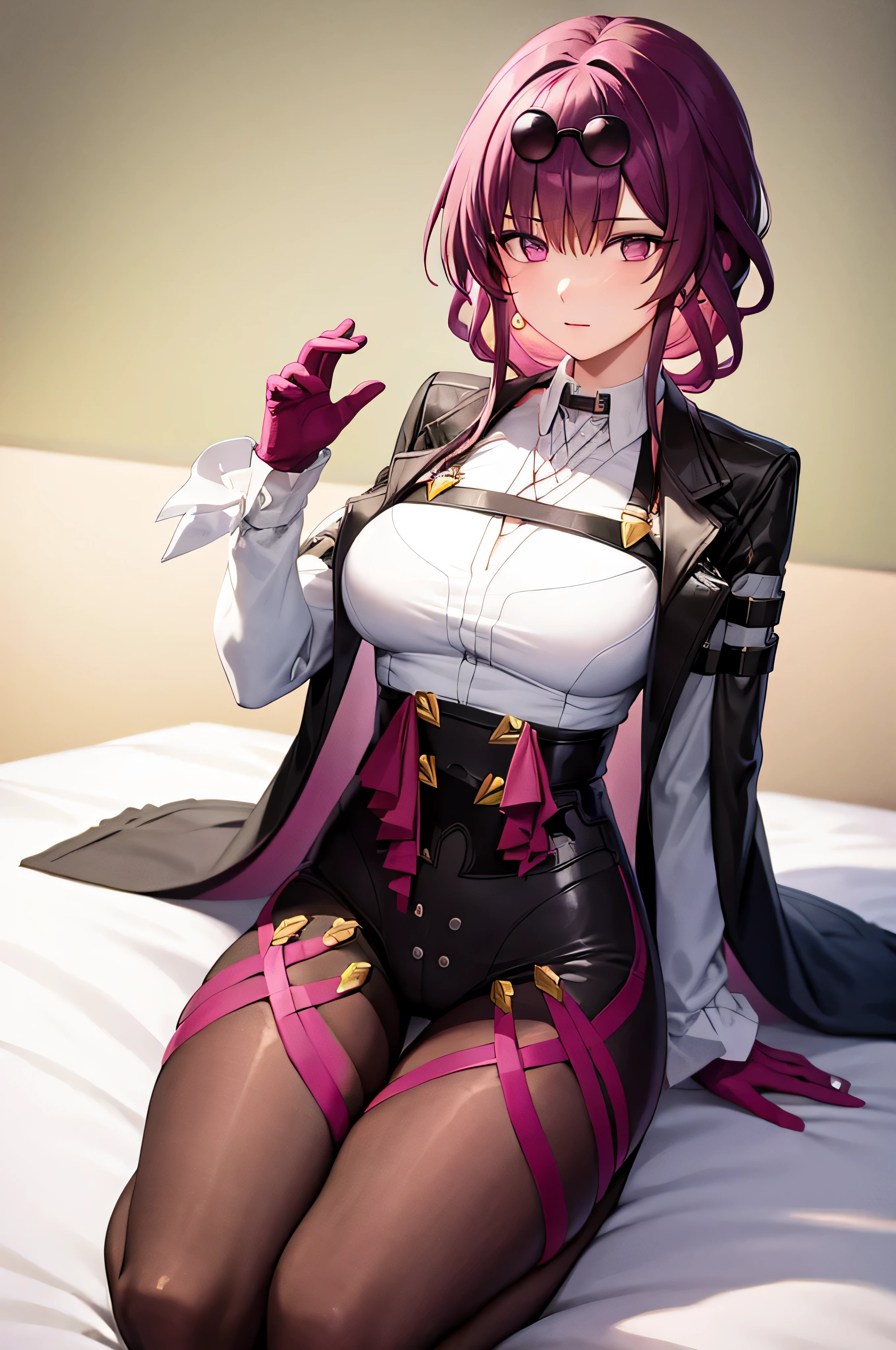 masterpiece, (detailed, highres, best quality), 1girl, kafkerdef, earrings, eyewear on head, sunglasses, white shirt, black jacket, long sleeves, purple gloves, shorts, pantyhose, thigh strap, seiza, arms behind head, bed