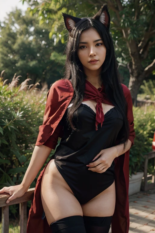 ahri,black hair,red cloth,black cloth
